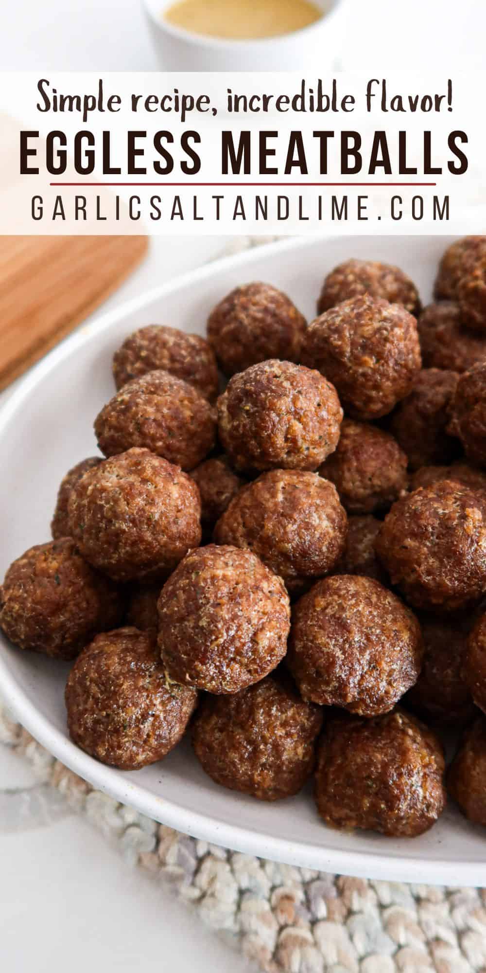 Eggless meatballs with text overlay for Pinterest.