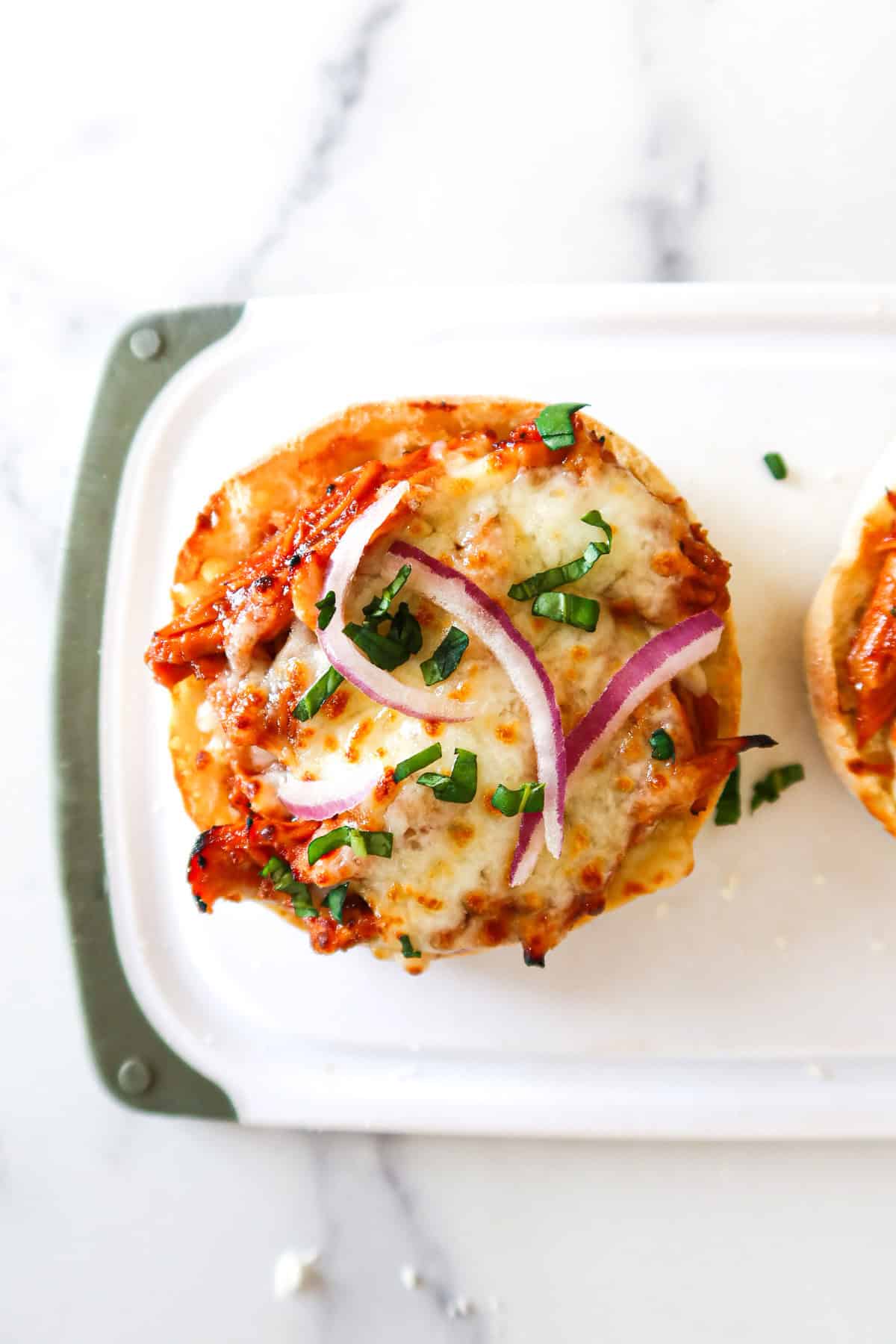 Barbecue chicken English muffin pizza.