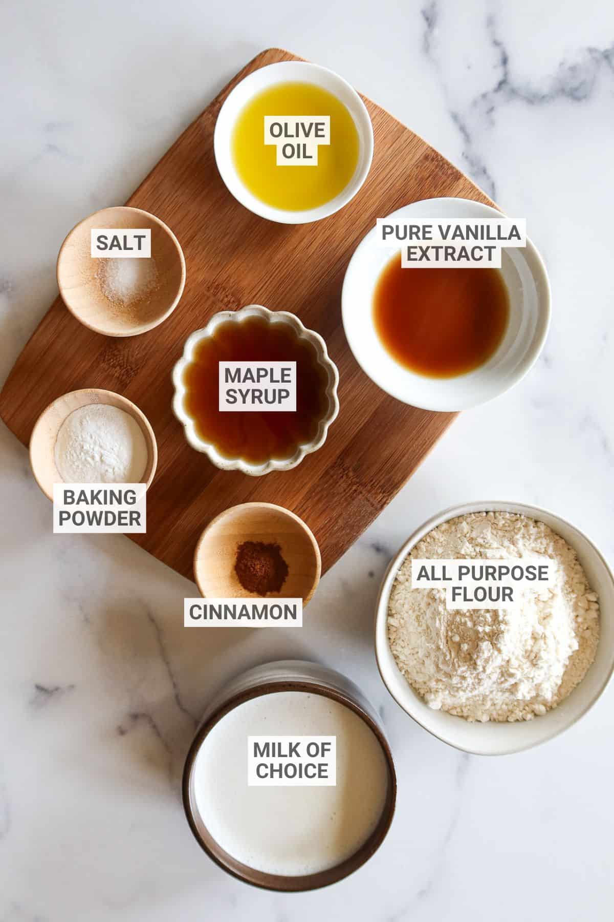 Heart shaped pancake ingredients with text overlay labels.