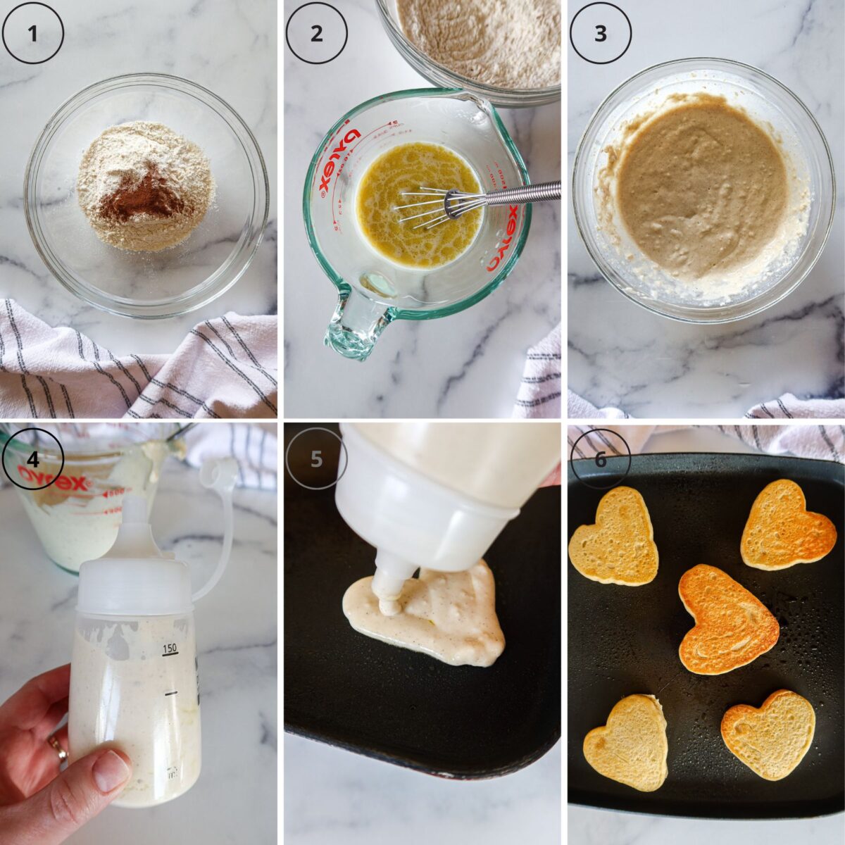 Six photo collage showing how to make heart shaped pancakes.