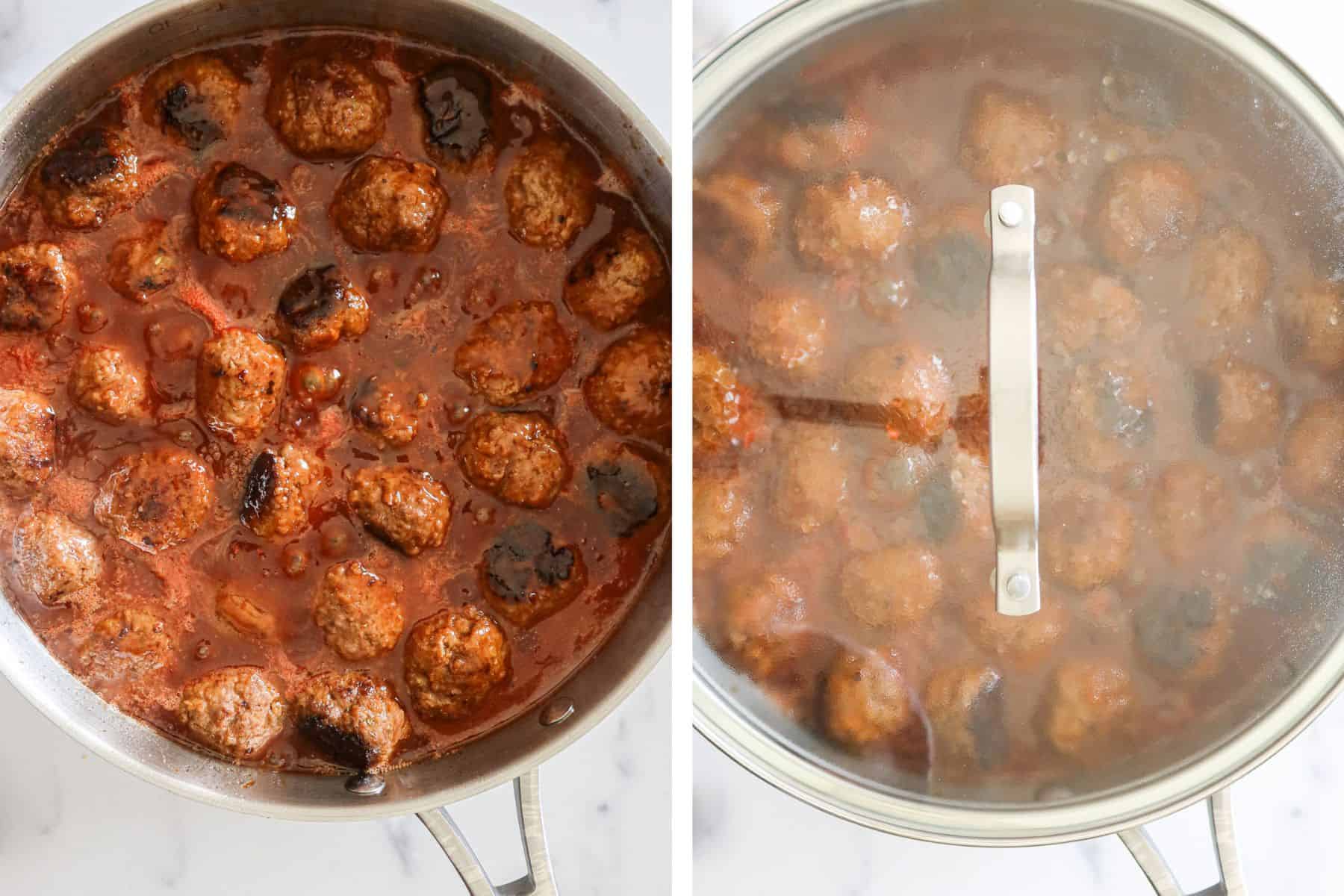 Simmering sweet and sour meatballs in a skillet.