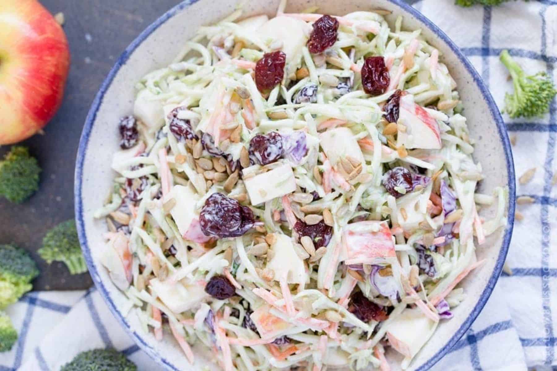 Broccoli slaw in a serving bowl.