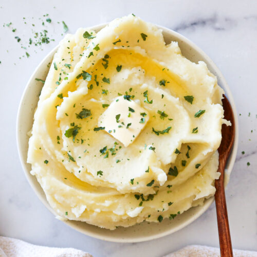 Dairy free mashed potatoes in a white serving dish.