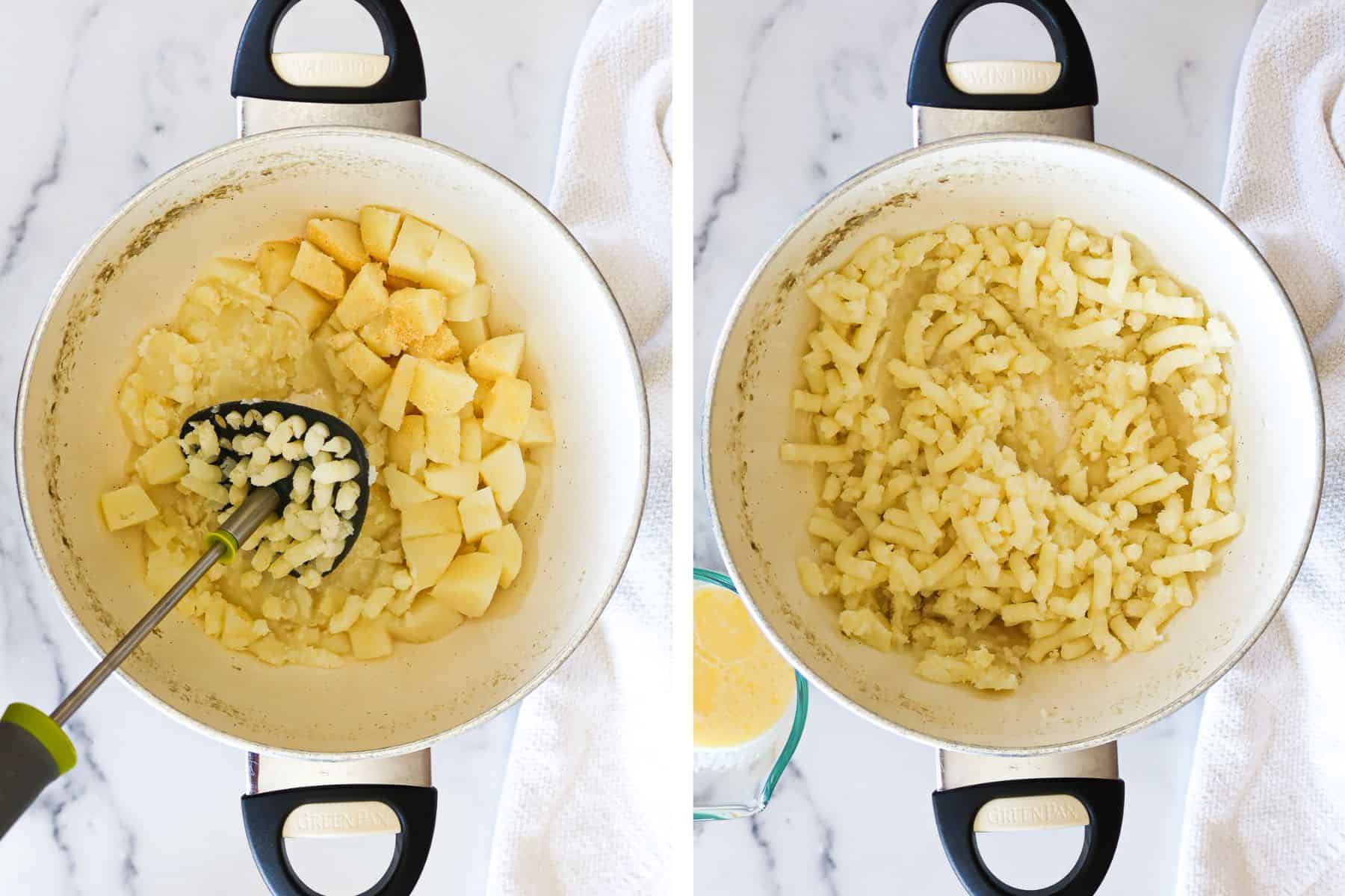 Mashing cooked potatoes with a hand masher.