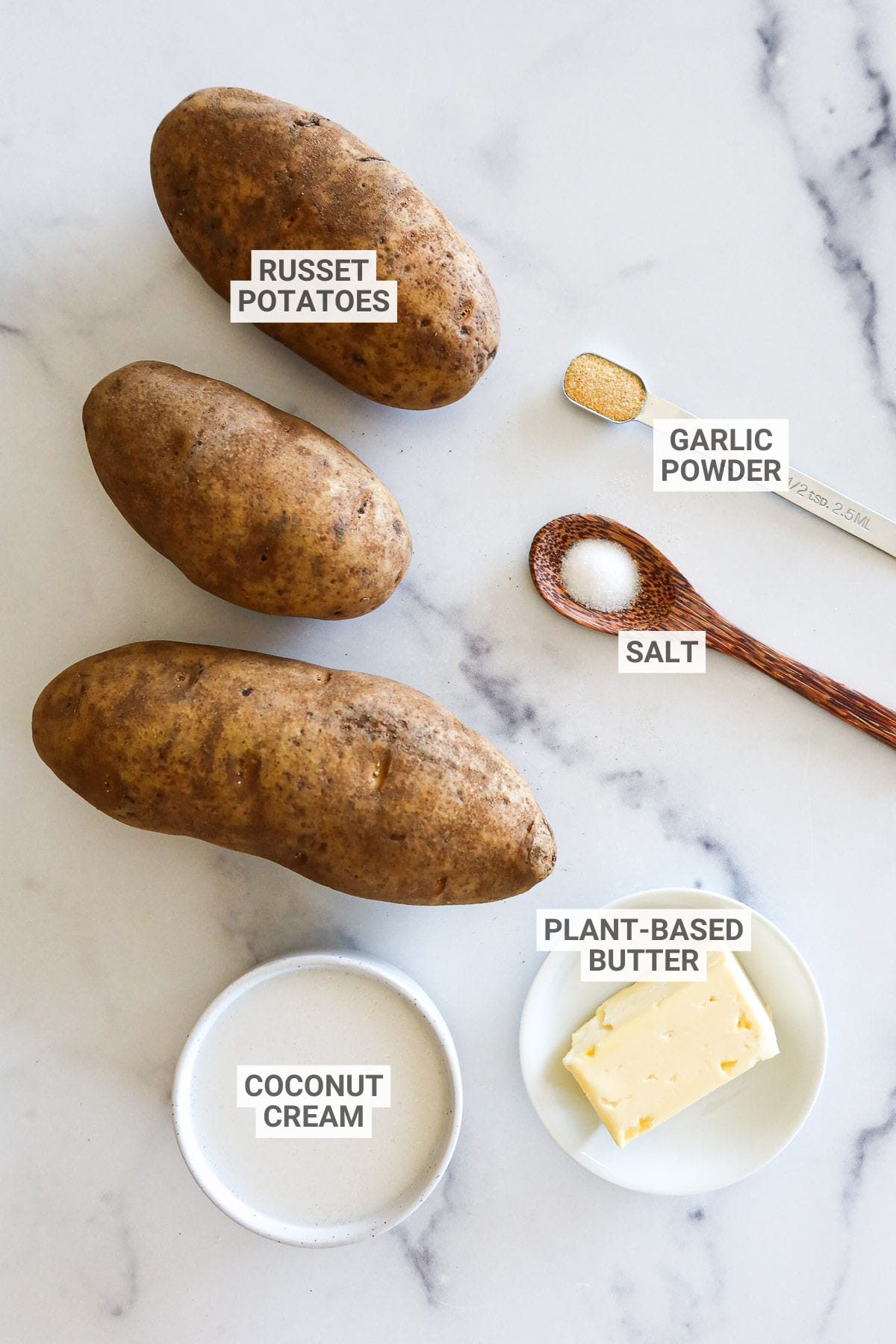 Ingredients for dairy-free mashed potatoes with text overlay labels.