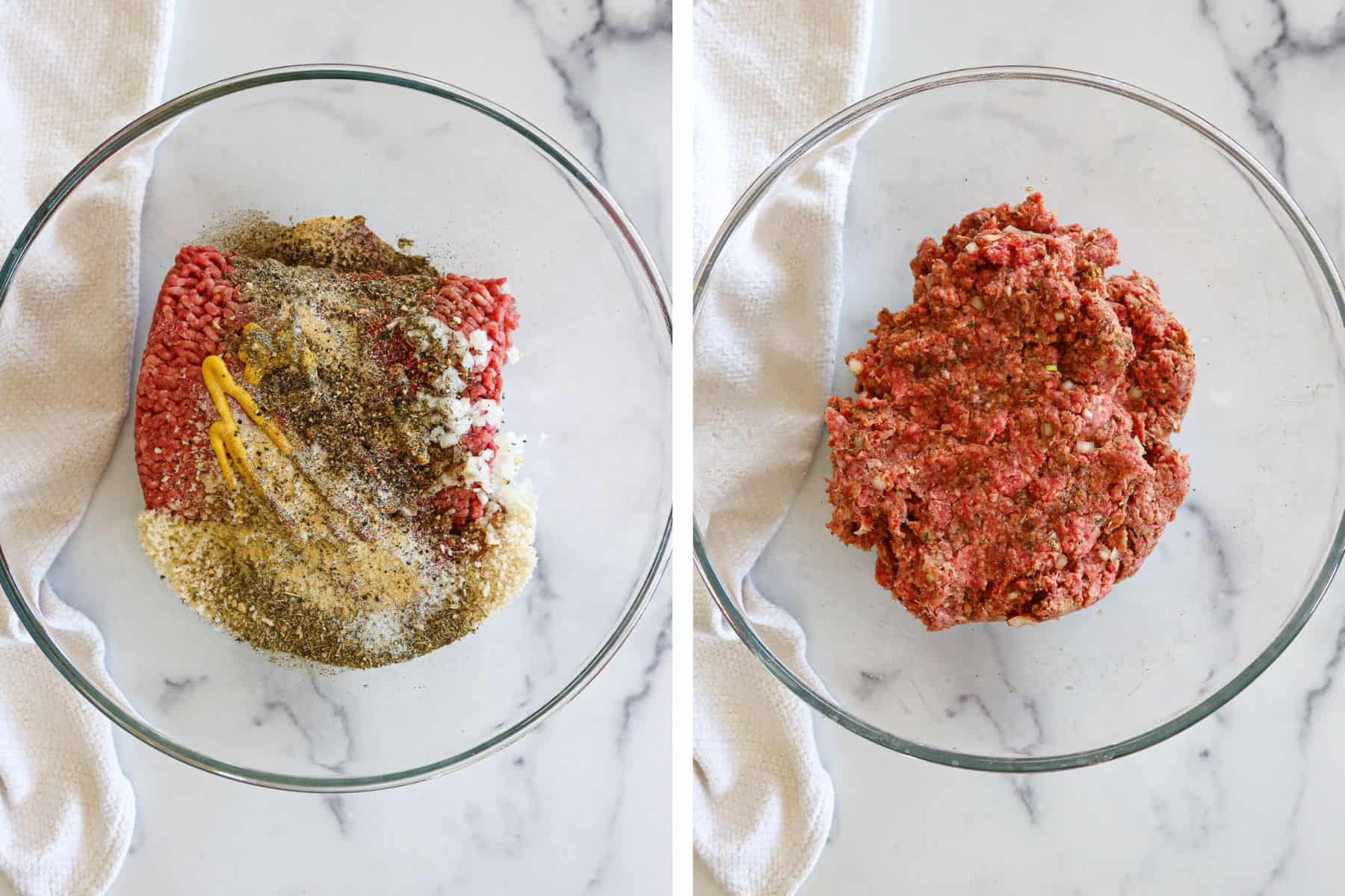 Left: Meatloaf ingredients measured into a bowl. Right: ingredients mixed together.