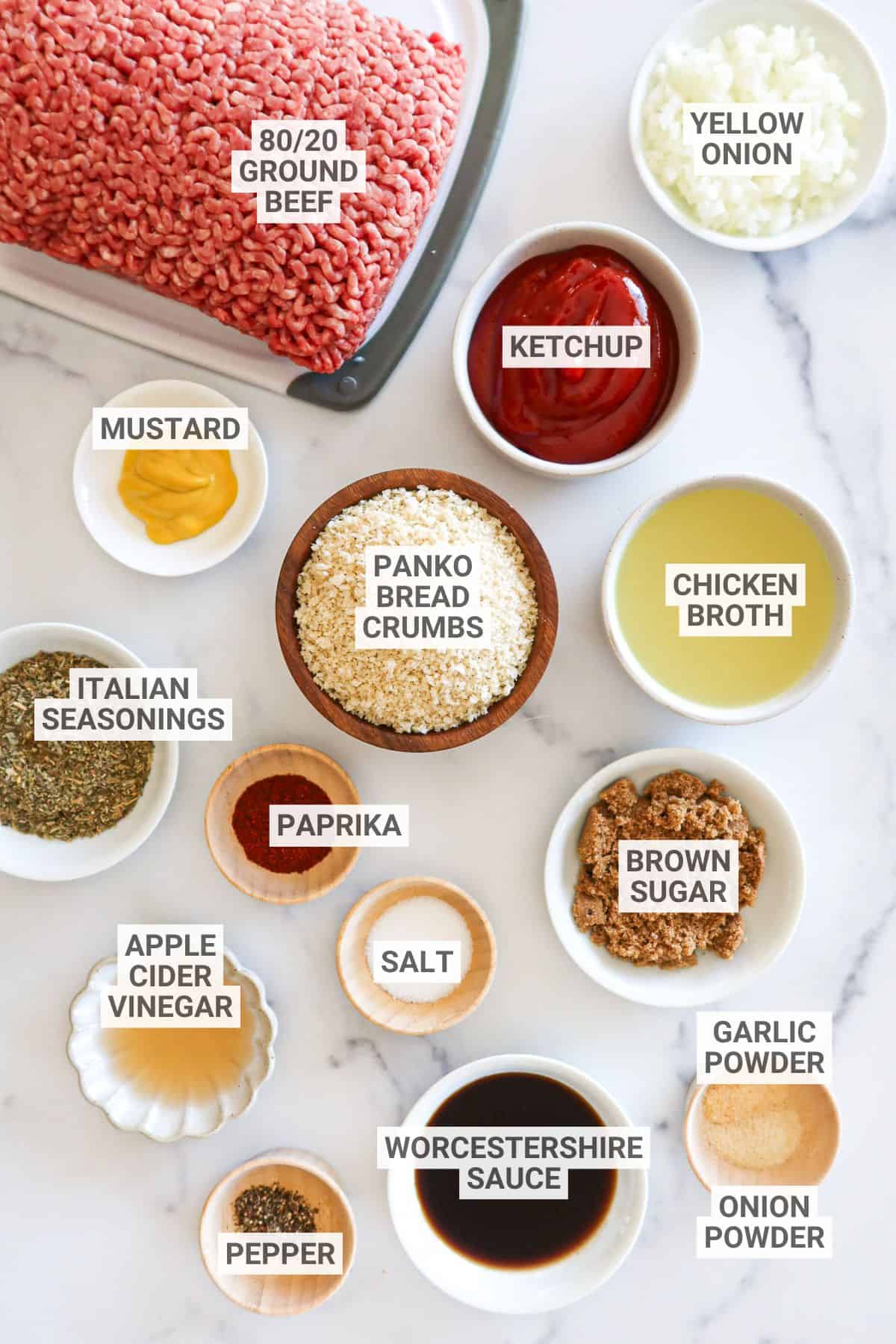 Ingredients for dairy and egg free meatloaf with text overlay labels.