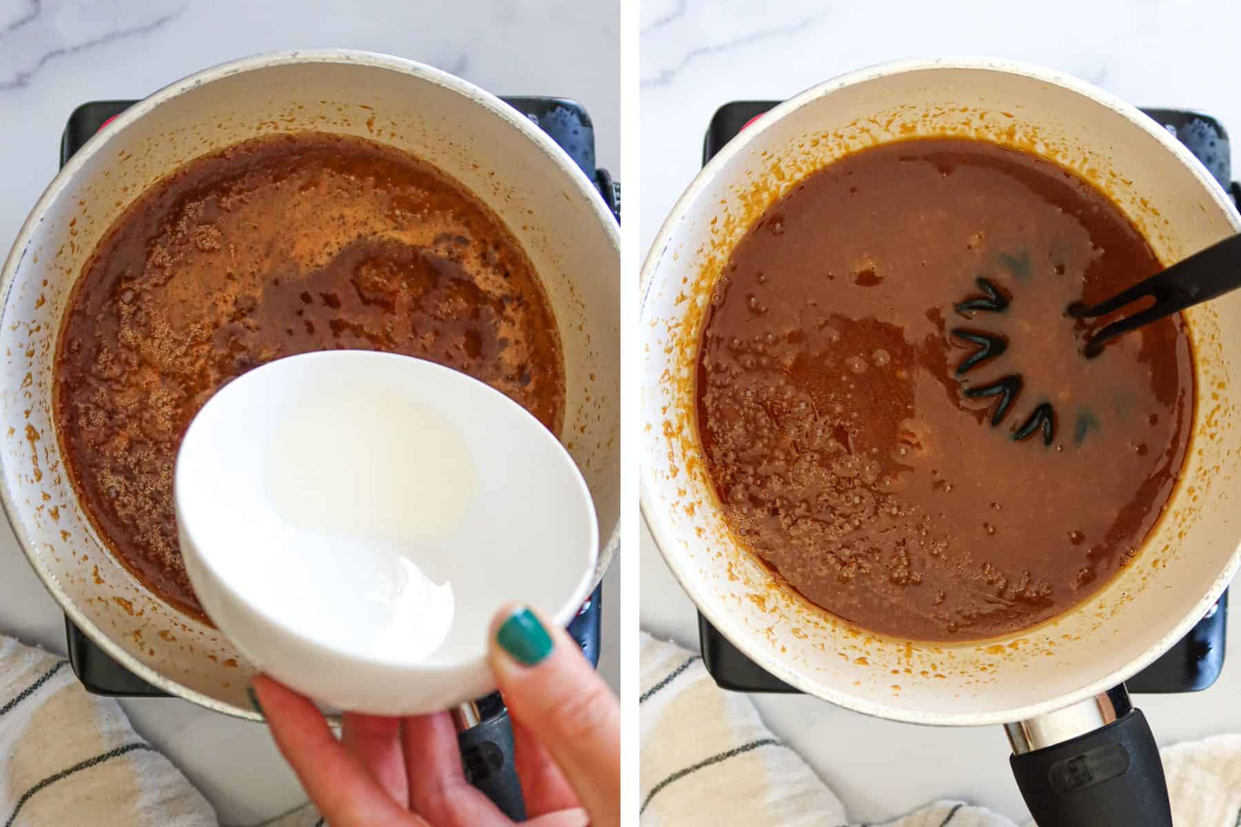 Left: Adding cornstarch slurry to simmering drippings. Right: Whisking gravy in saucepan.