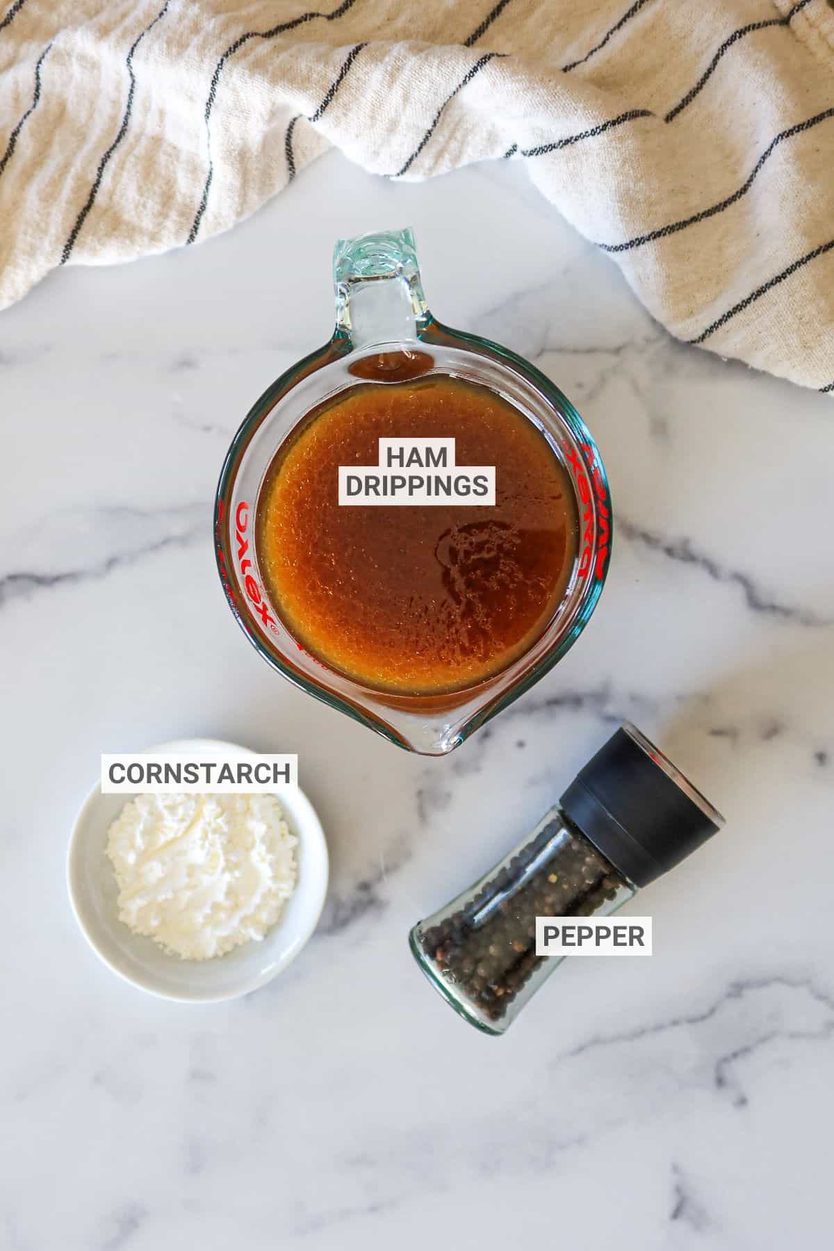 Ham gravy ingredients with text overlay labels.
