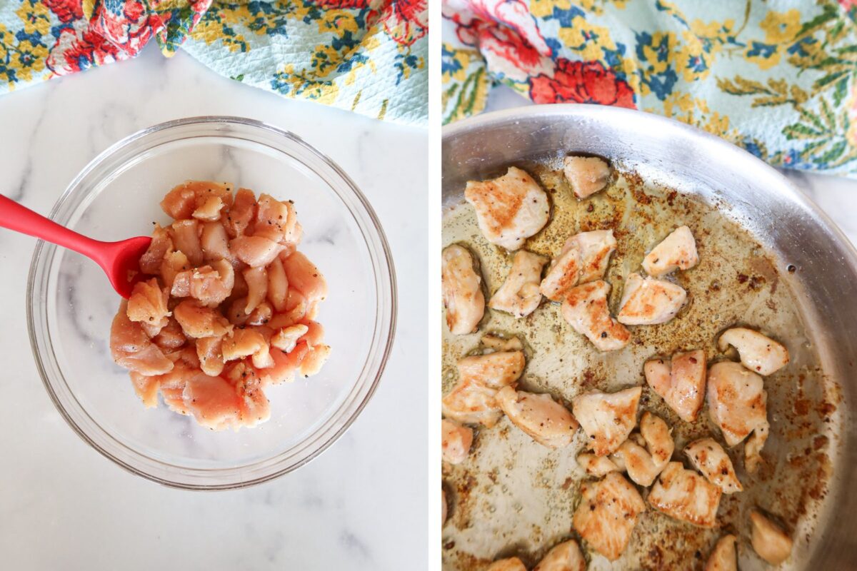 Left: seasoned chicken cubes in a bowl. Right: chicken browning in skillet.