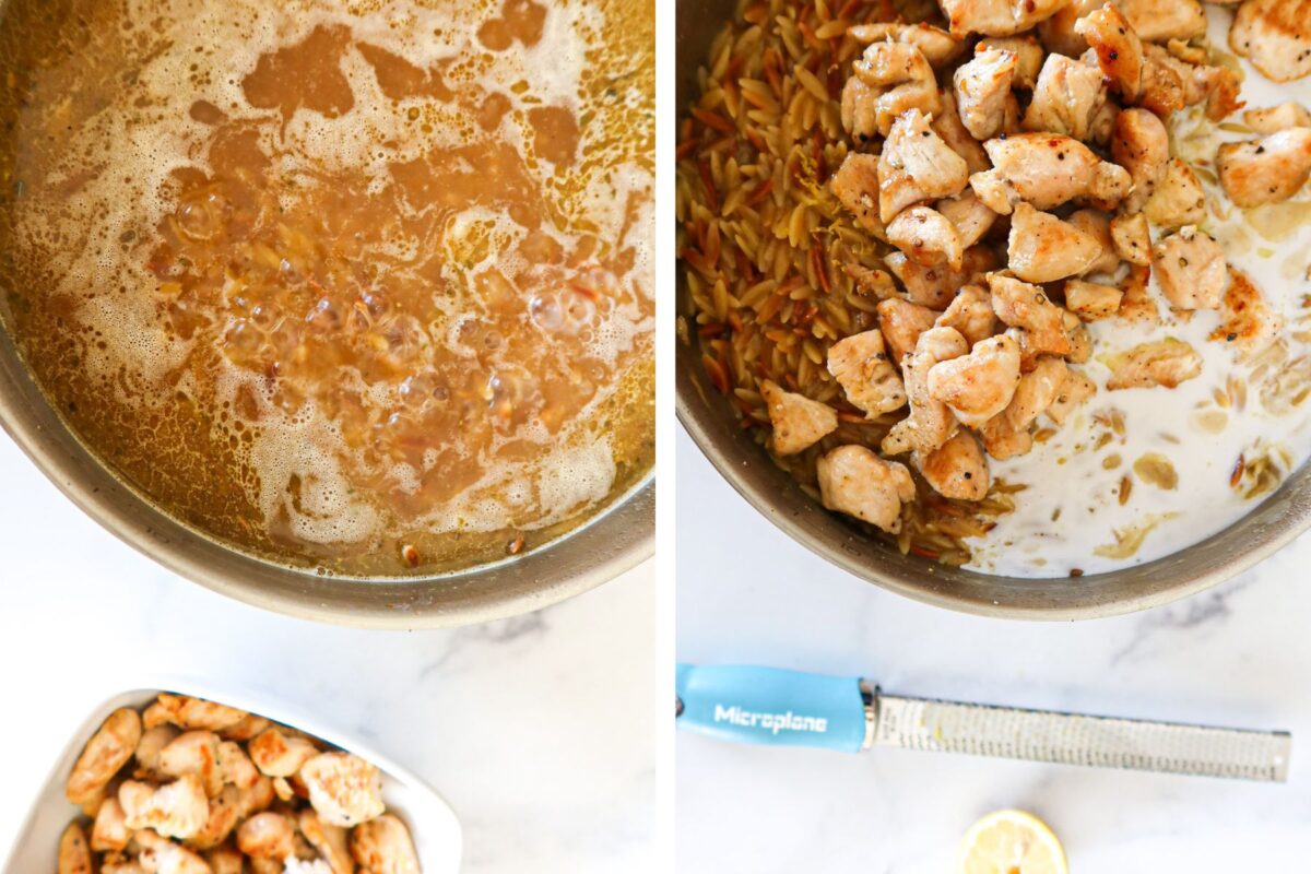 Left: simmering orzo. Right: stirring lemon, coconut milk and cooked chicken into orzo.
