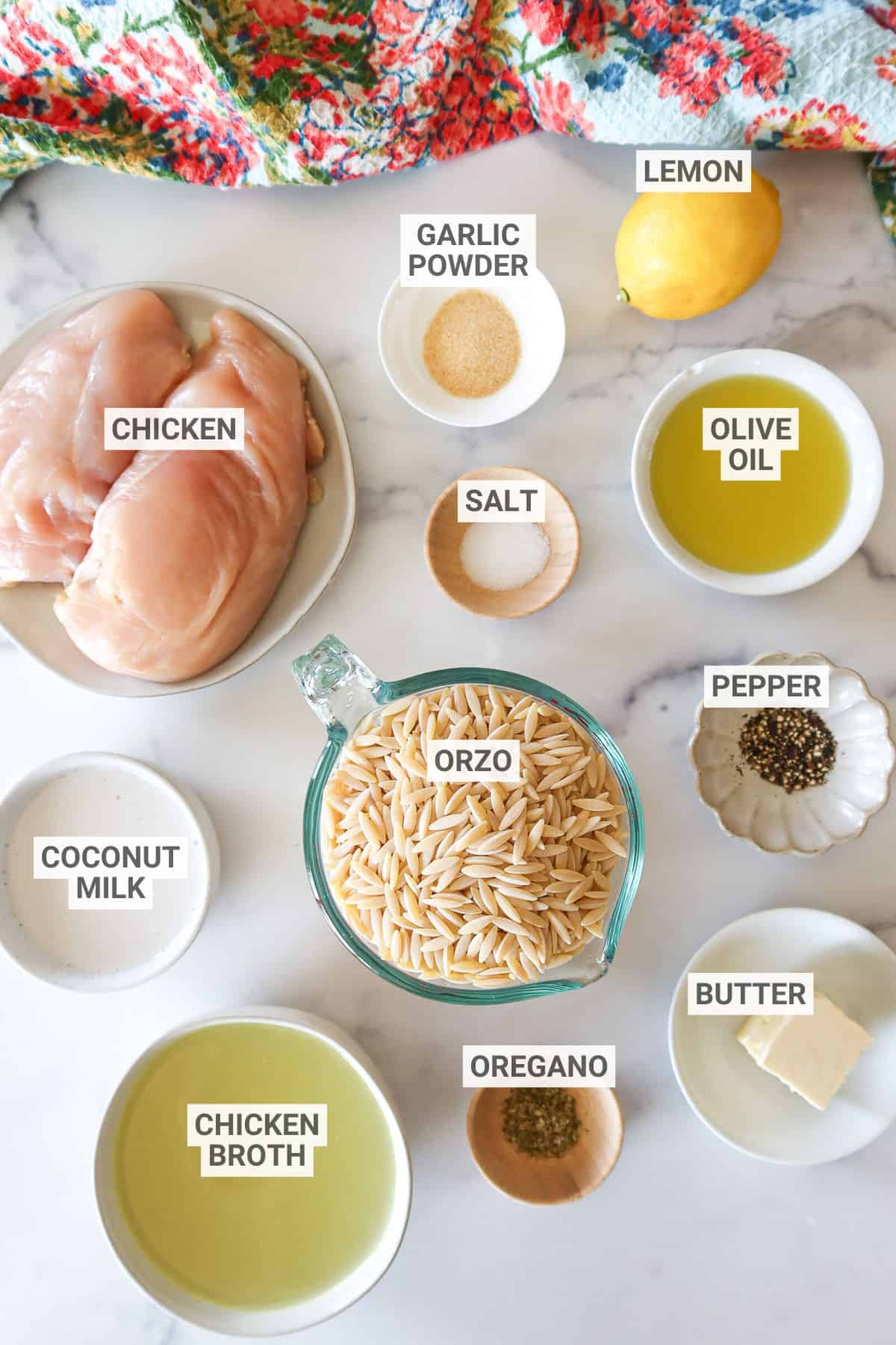 Lemon chicken orzo ingredients with text overlay labels.
