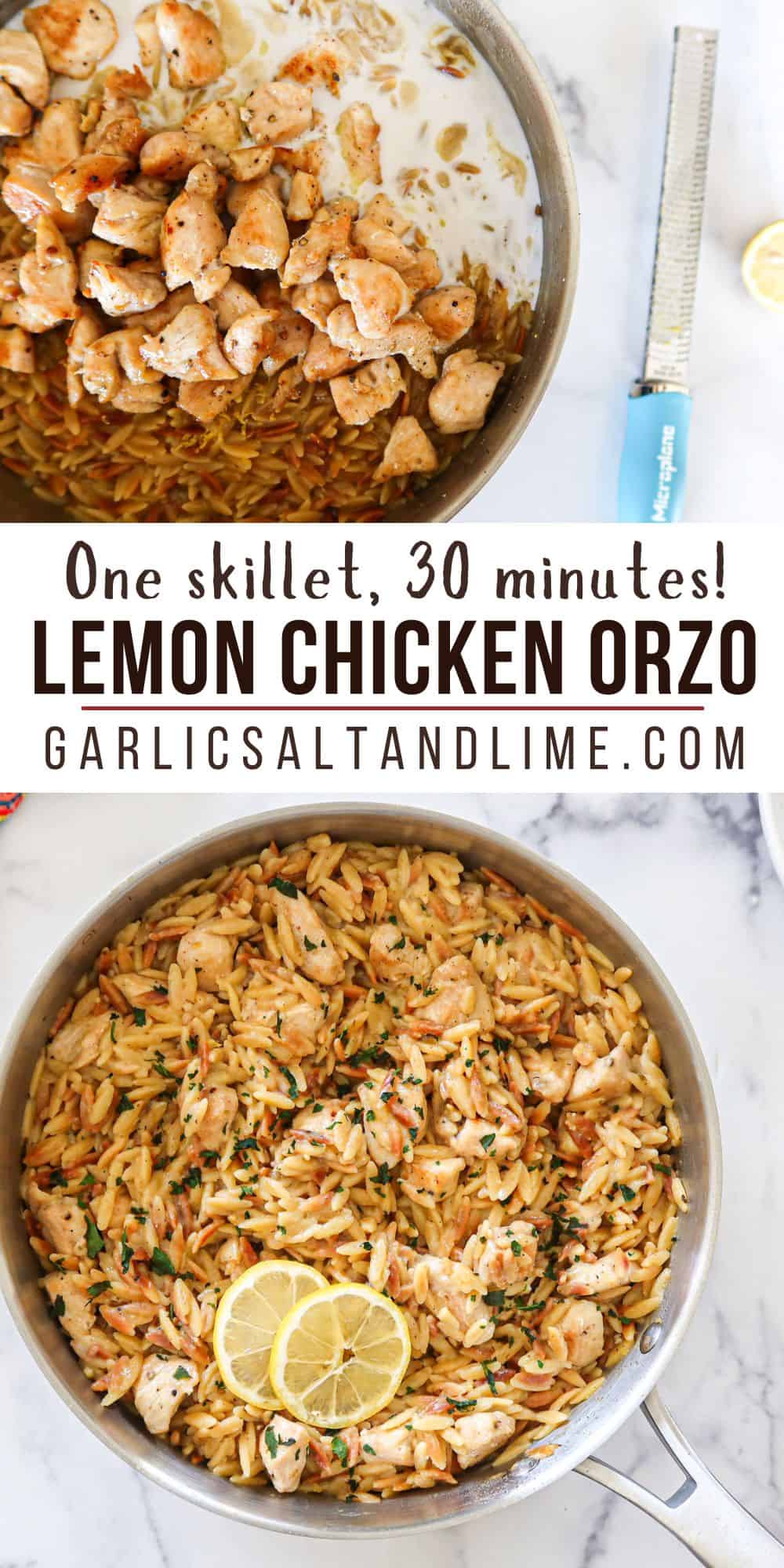 Lemon chicken orzo with text overlay for Pinterest.