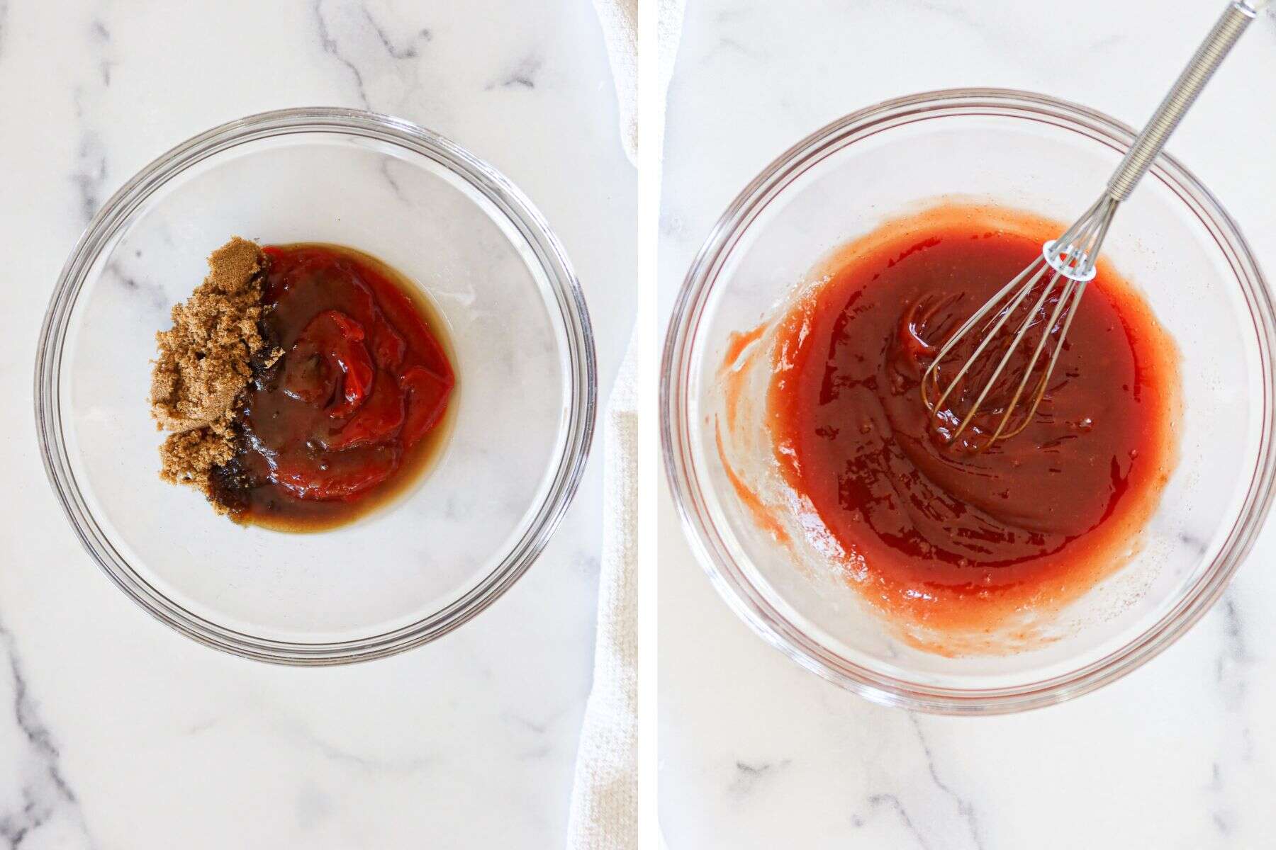 Left: Meatloaf sauce ingredients measured into a bowl. Right: Ingredients whisked together.