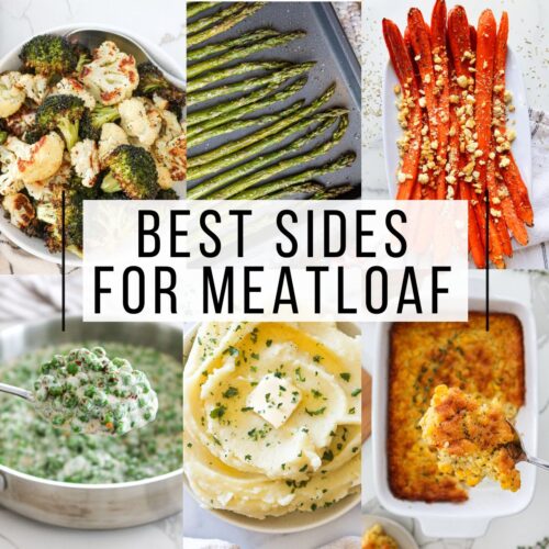 A collage of sides for meatloaf.