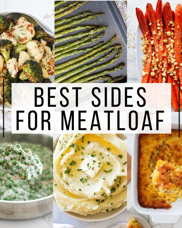 A collage of sides for meatloaf.