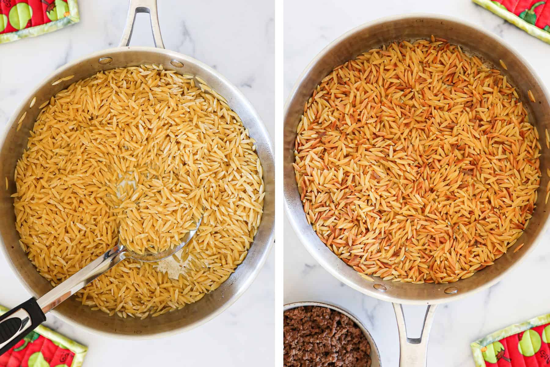 Toasting orzo.
