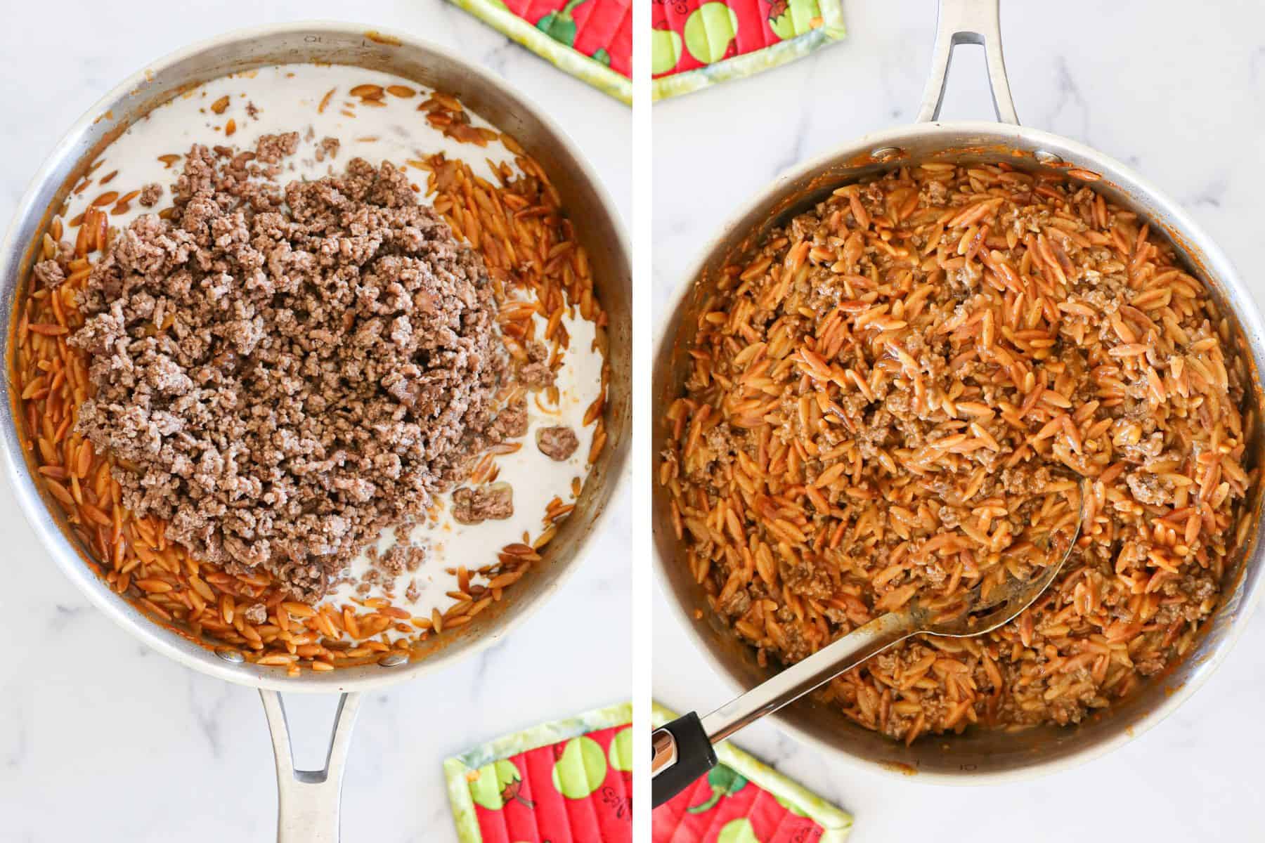 Stirring browned beef and cream into skillet.