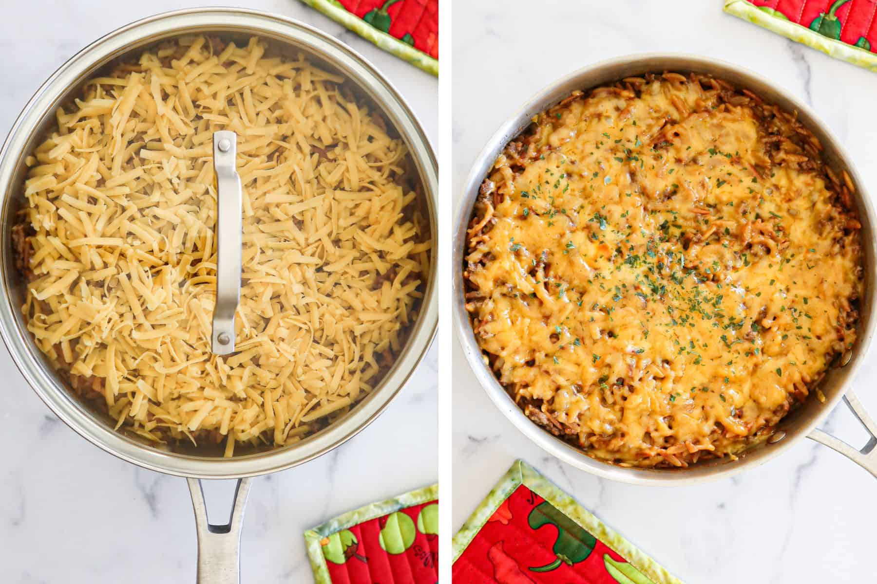 Left: Lid on orzo skillet to melt cheese. Right: Taco orzo in skillet.