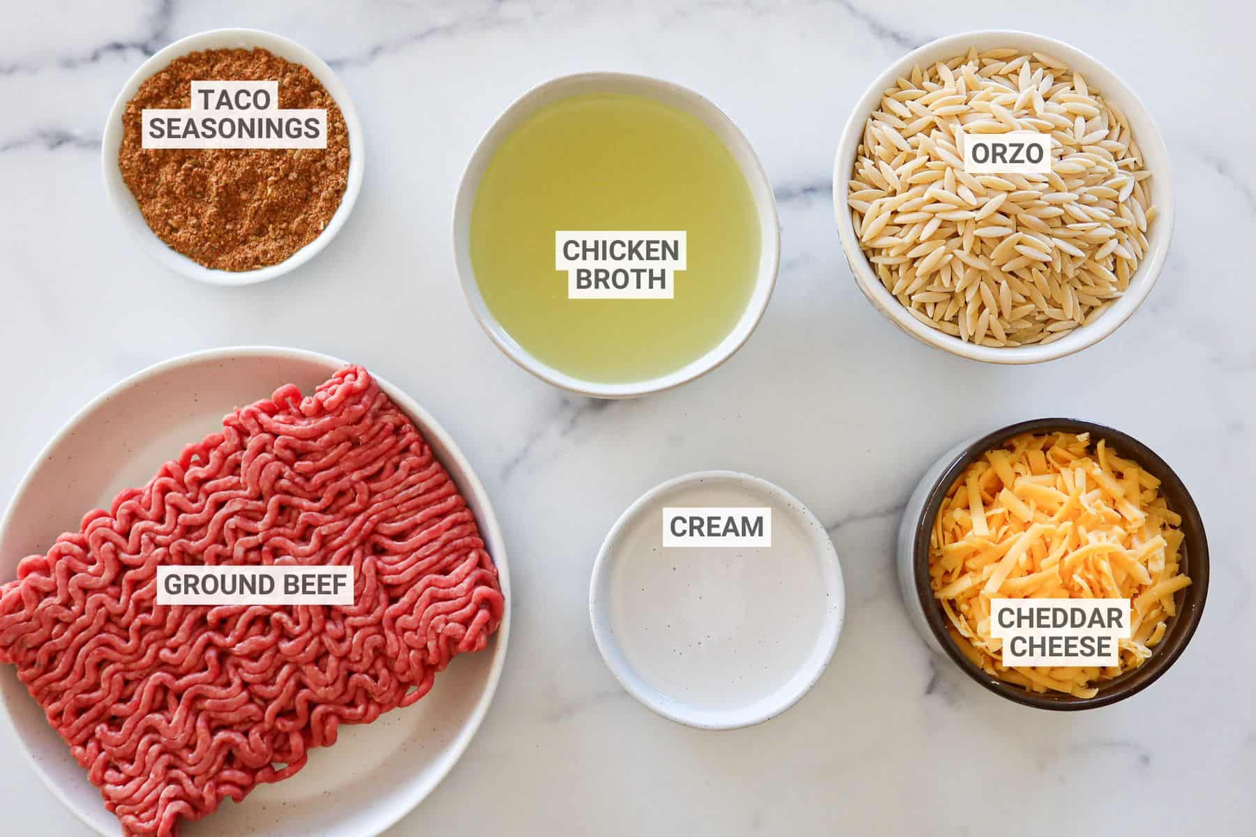 Taco orzo ingredients with text overlay labels.