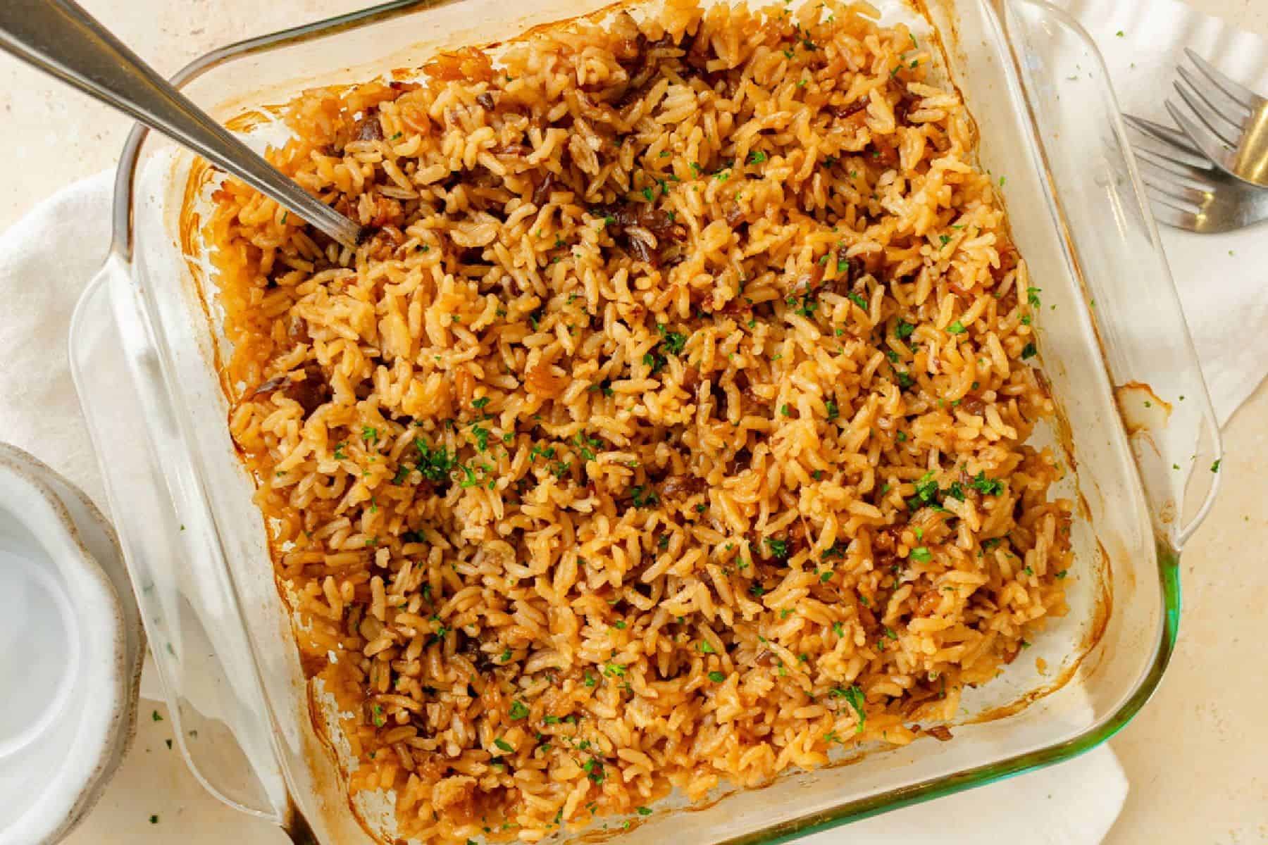 French onion rice in a baking dish.