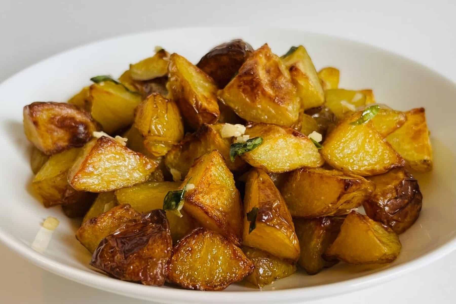 Close up of roasted garlic potatoes.