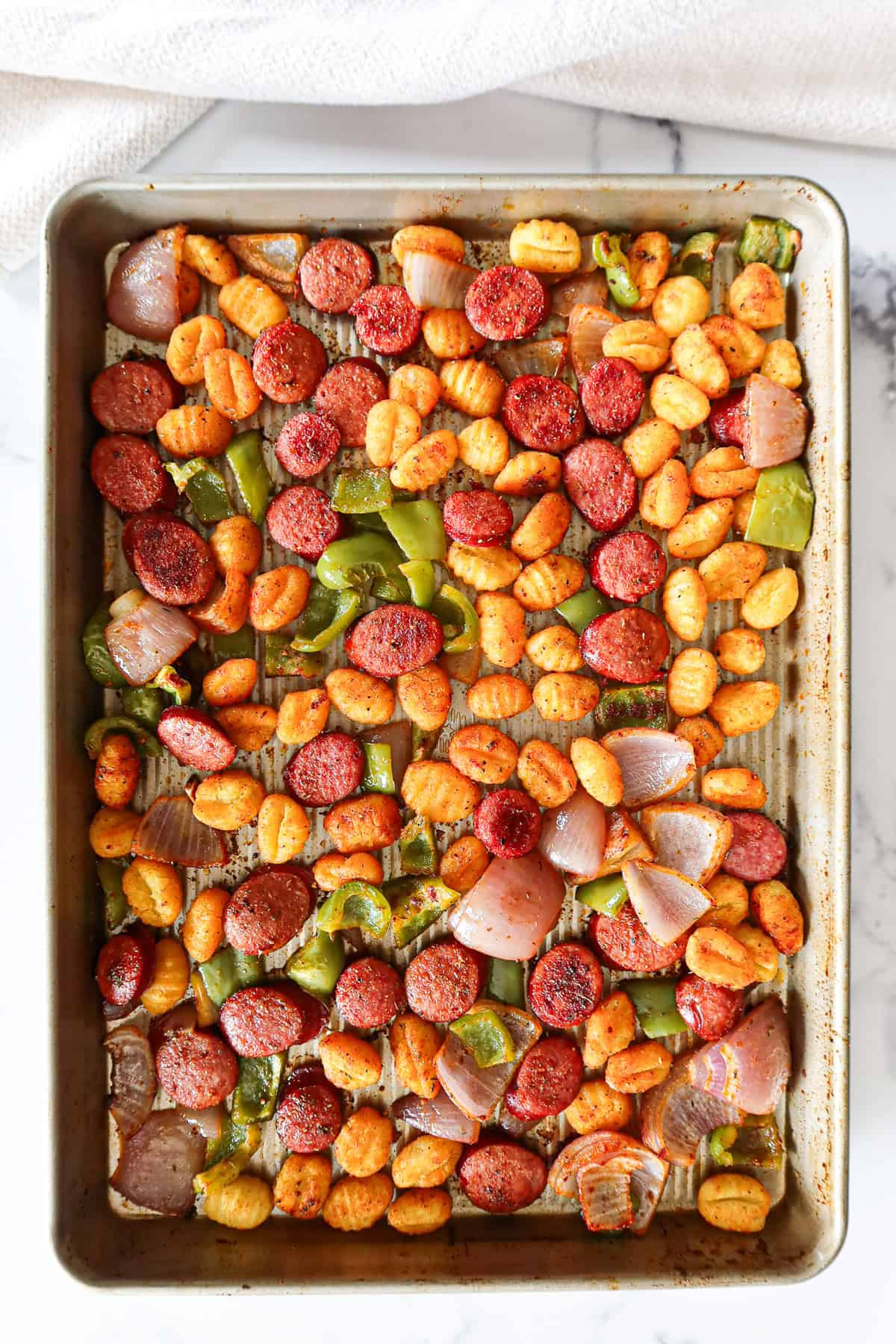 Sheet pan sausage and gnocchi.