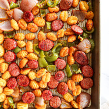 Sheet pan sausage and gnocchi.