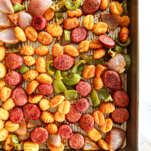 Sheet pan sausage and gnocchi.