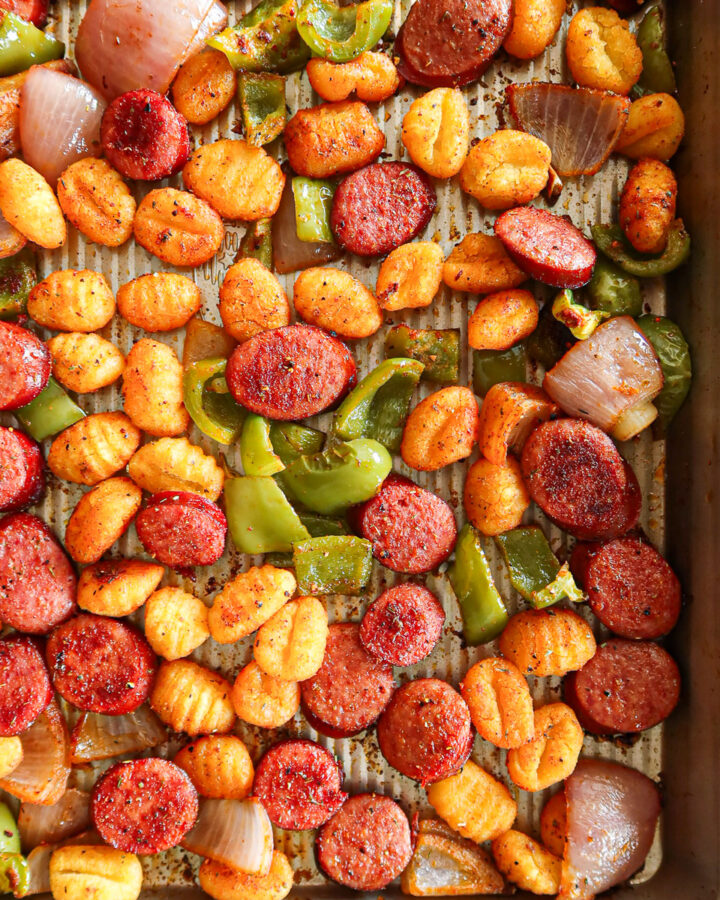 Sheet pan sausage and gnocchi.