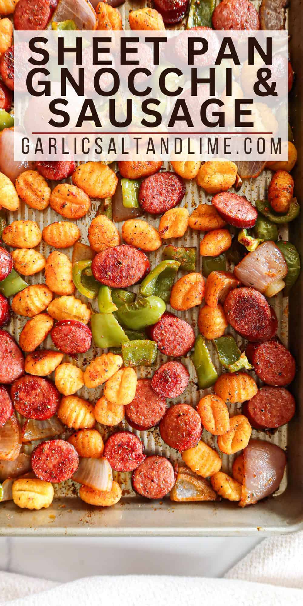 Sheet pan sausage and gnocchi with text overlay for Pinterest.