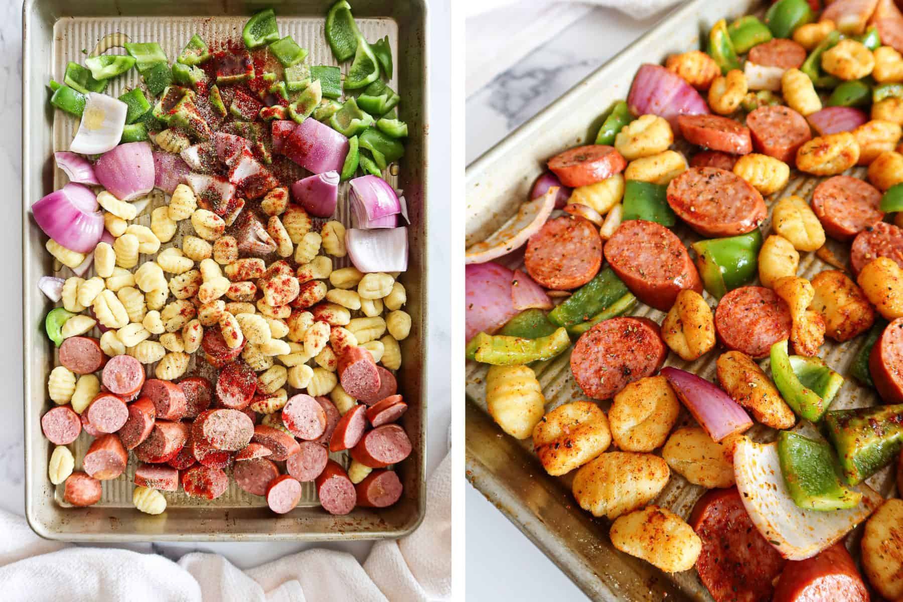Left: Seasonings sprinkled over ingredients. Right: Veggies, gnocchi and sausage coated in seasonings.