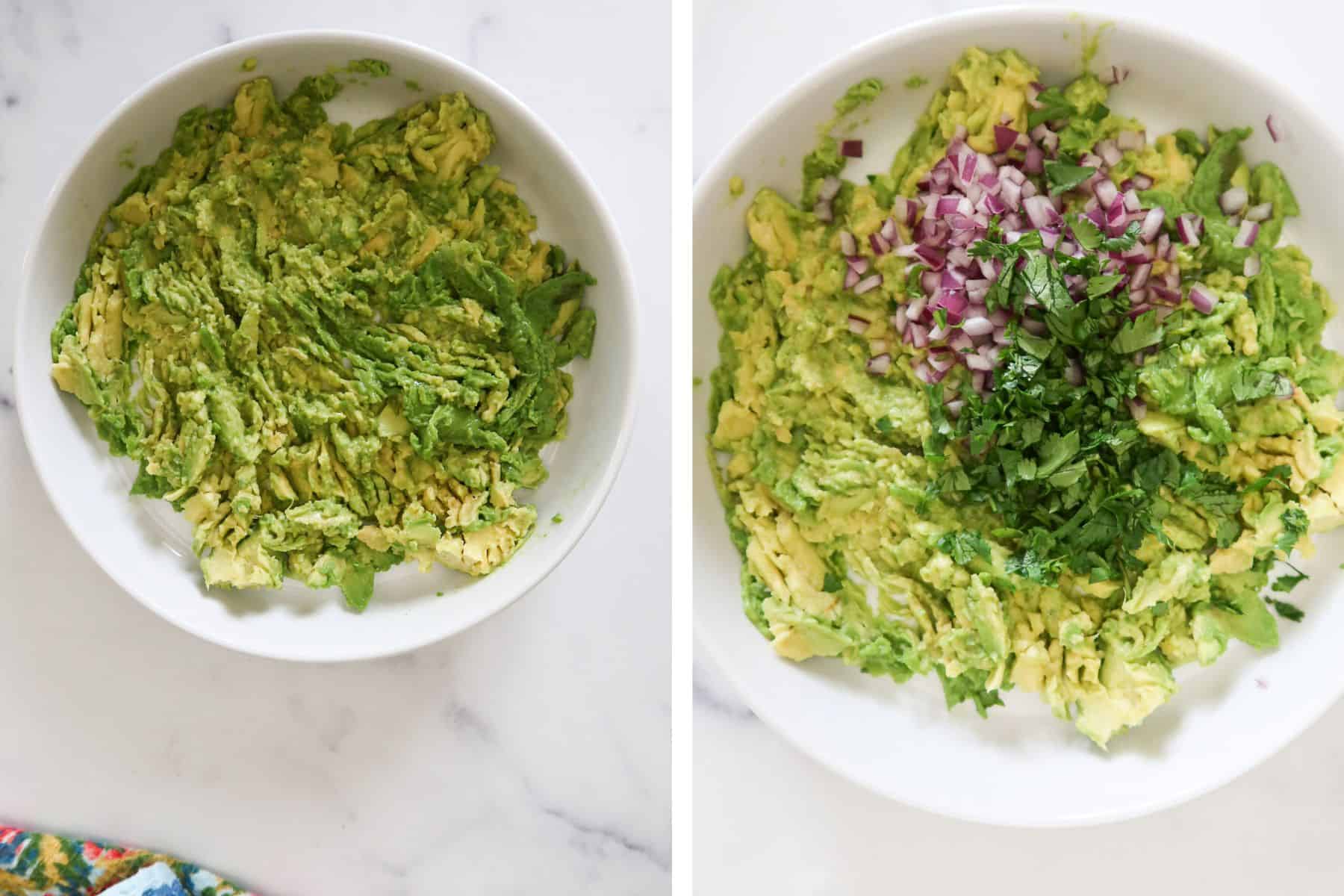 Left: mashed avocados. Right: minced red onion and chopped cilantro added to bowl with mash.