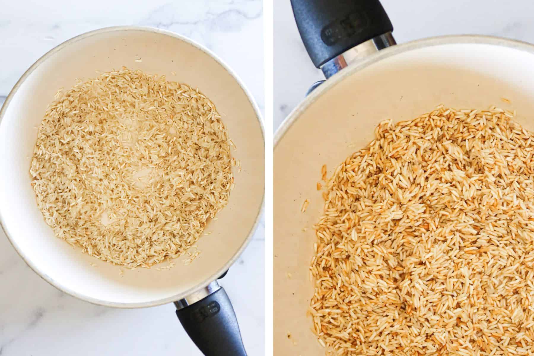 Toasting rice in olive oil.