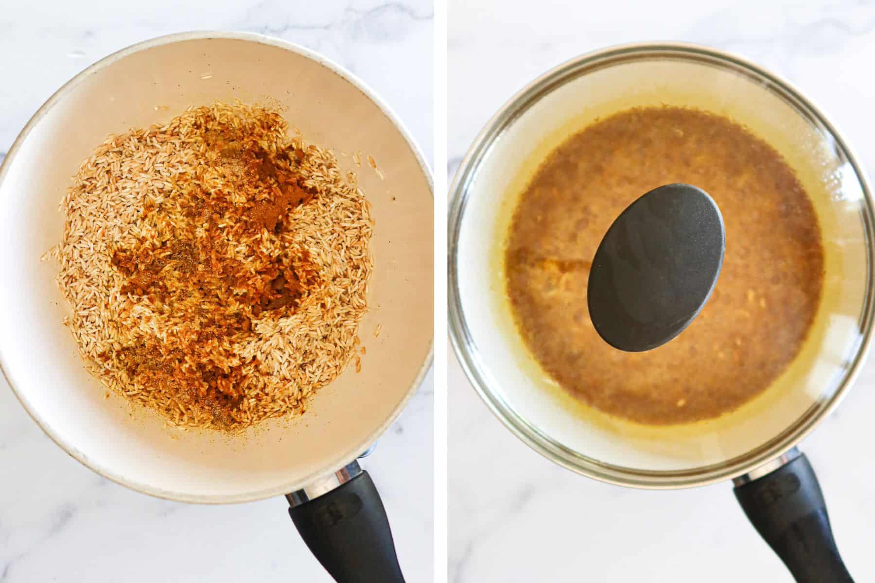 Left: Seasonings added to toasted rice. Right: broth added to pot, lid placed on top.