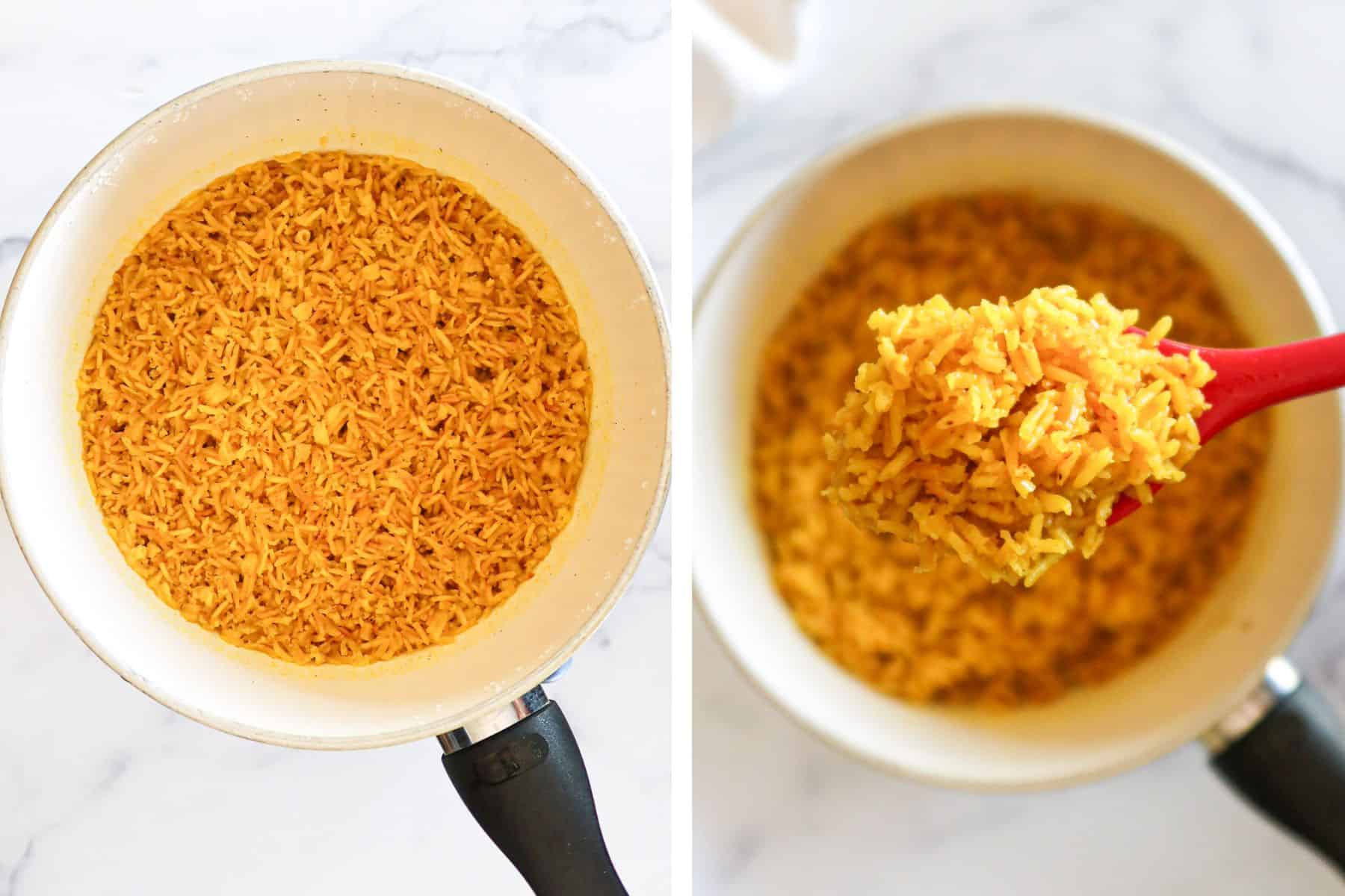 Left: Cooked yellow rice in pot. Right: A spoonful of fluffed yellow rice up close.