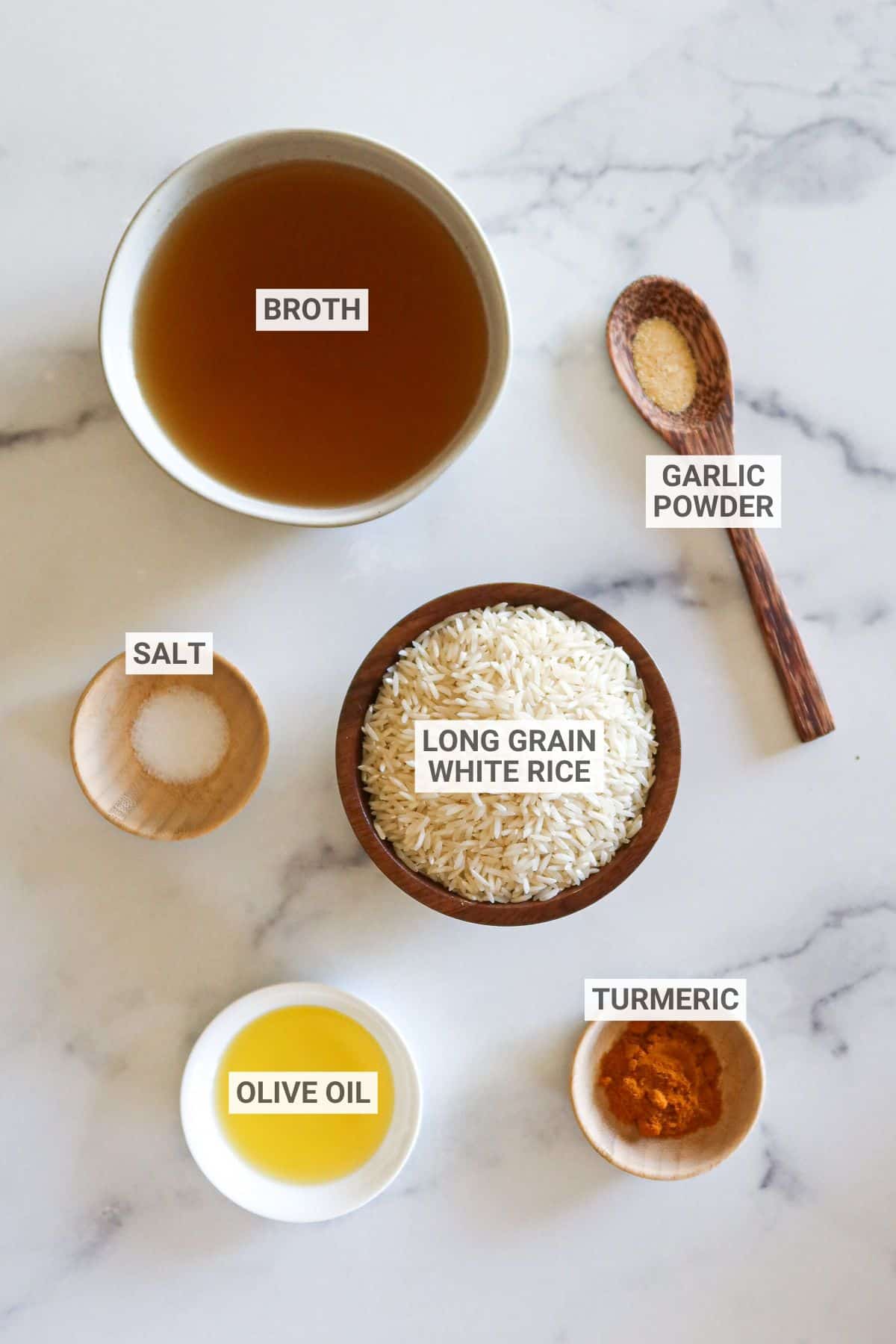 Ingredients for yellow turmeric rice with text overlay labels.