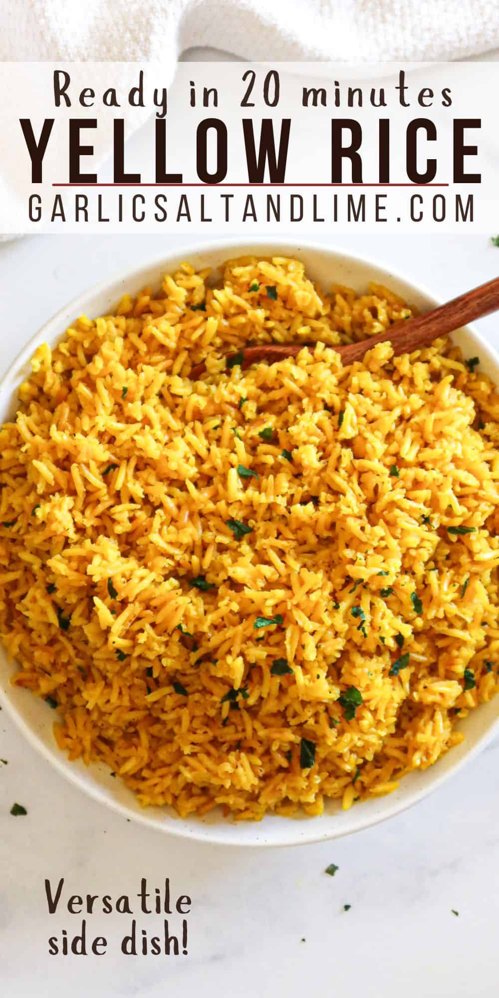Yellow rice in a white serving dish with text overlay for Pinterest.
