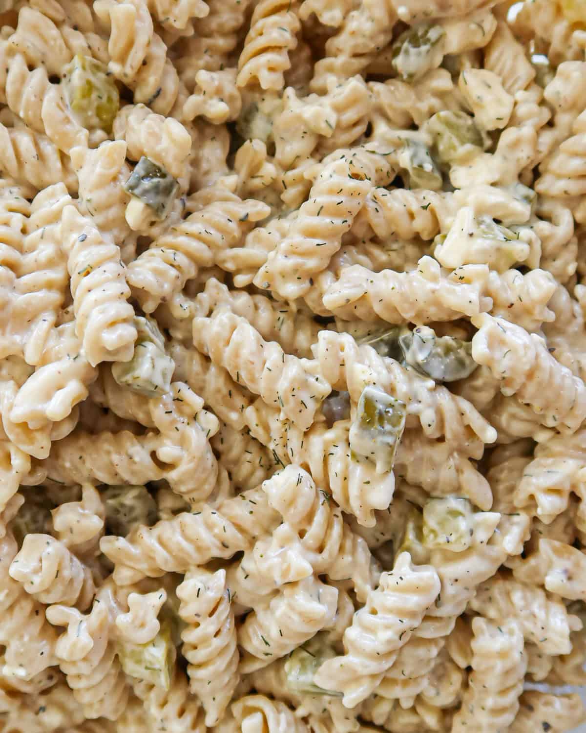 Dill pickle pasta salad close up.
