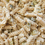 Dill pickle pasta salad close up.