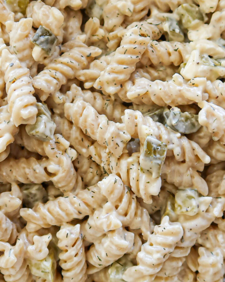 Dill pickle pasta salad close up.