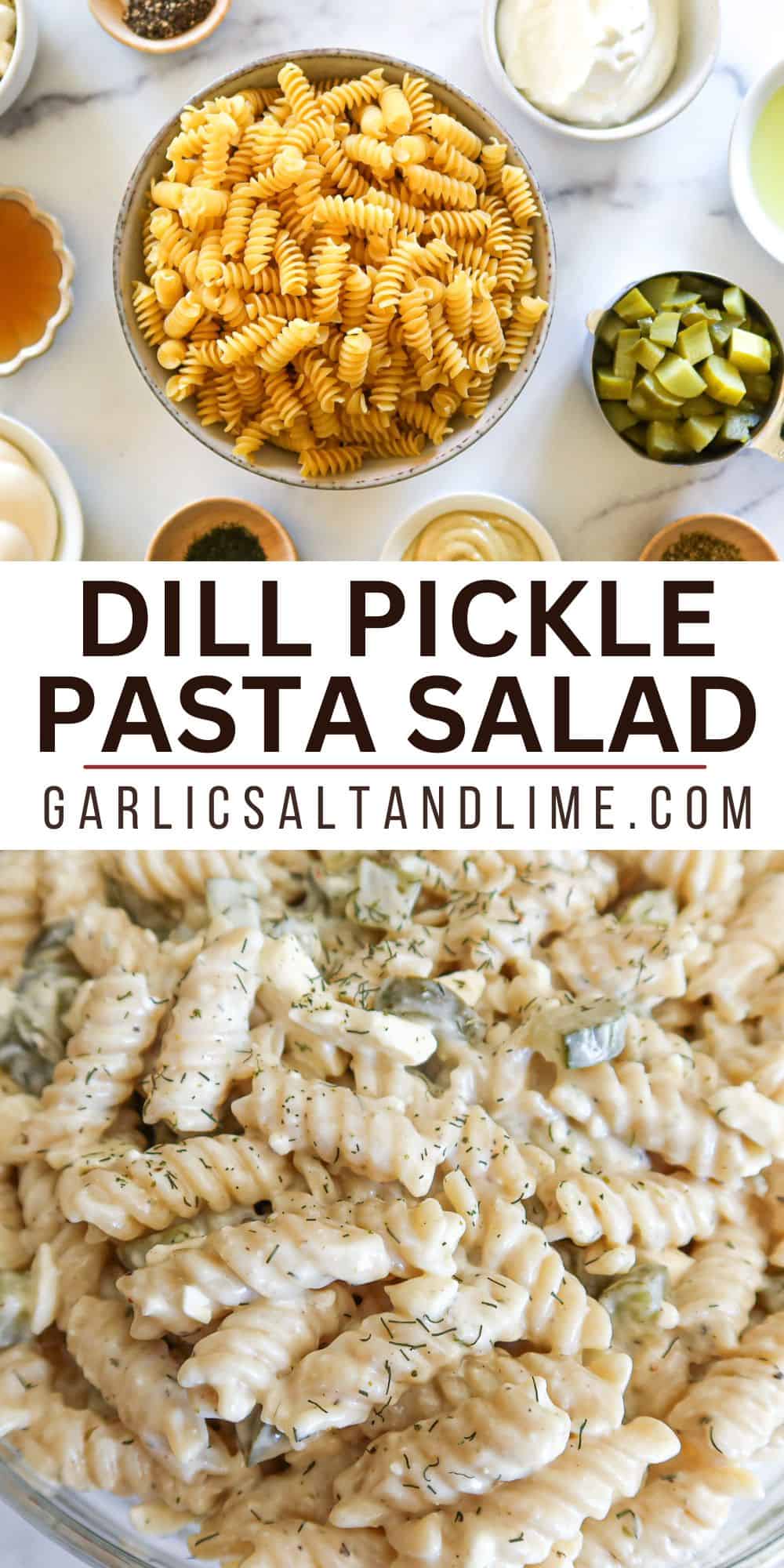 Dill pickle pasta salad with text overlay for Pinterest.