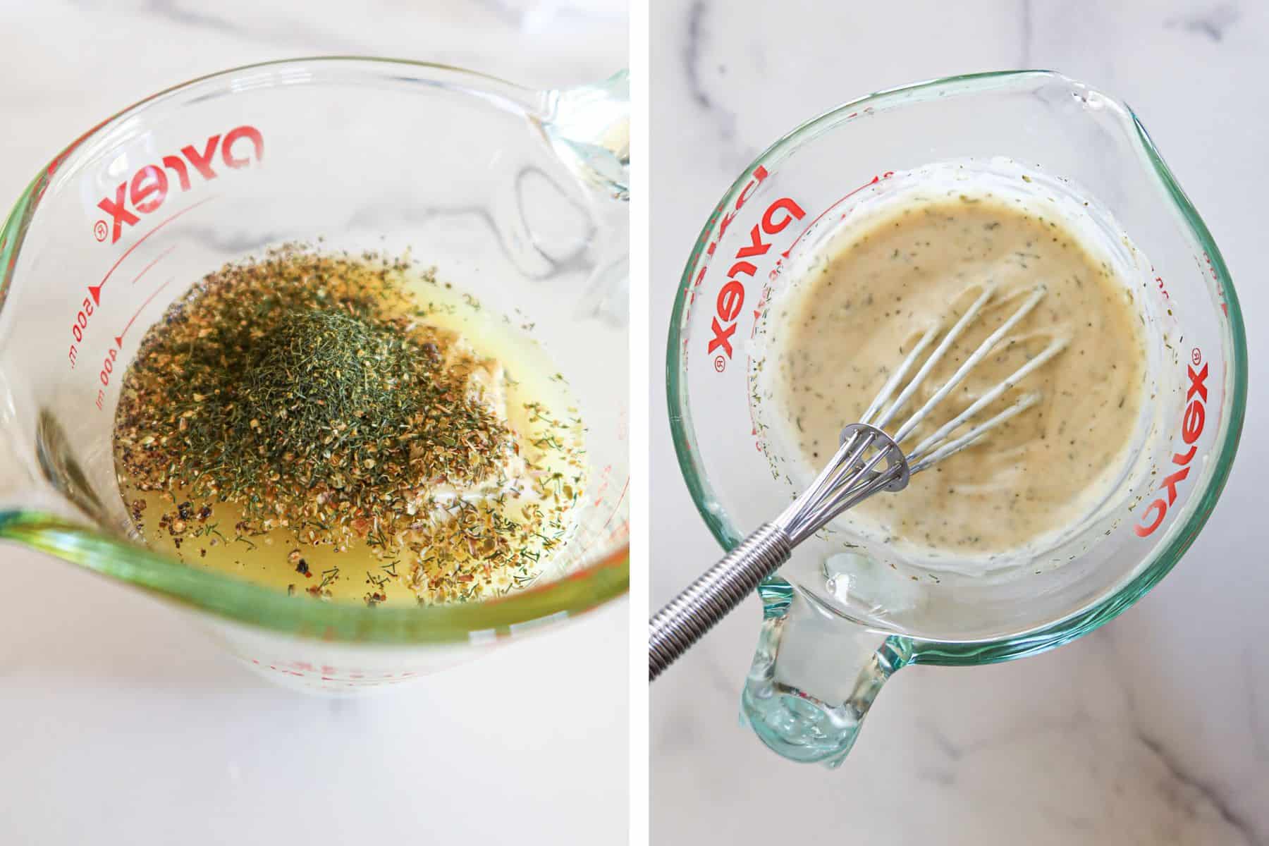 Left: Dressing ingredients measured into a bowl. Right: Dressing ingredients whisked together.