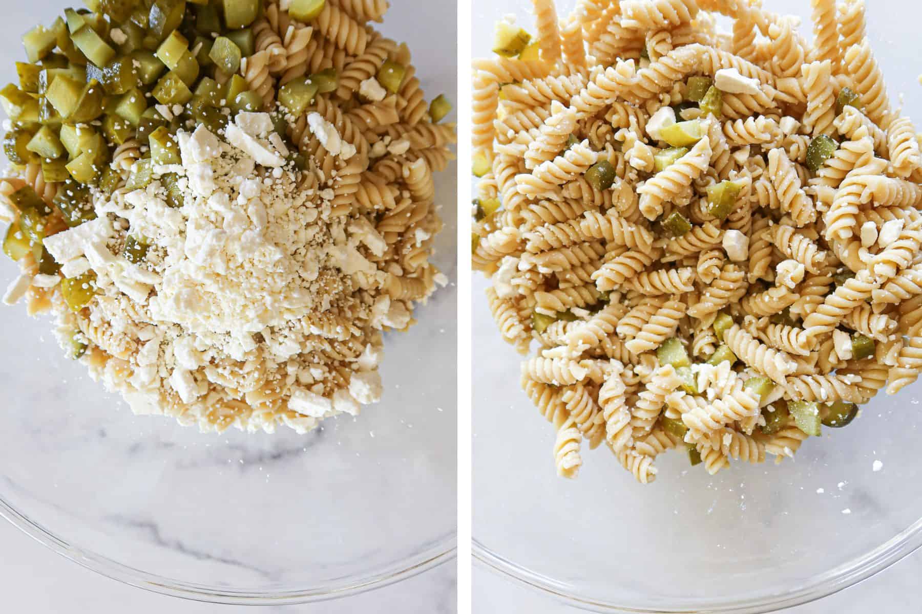 Mixing cooked noodles, feta and diced pickles together.