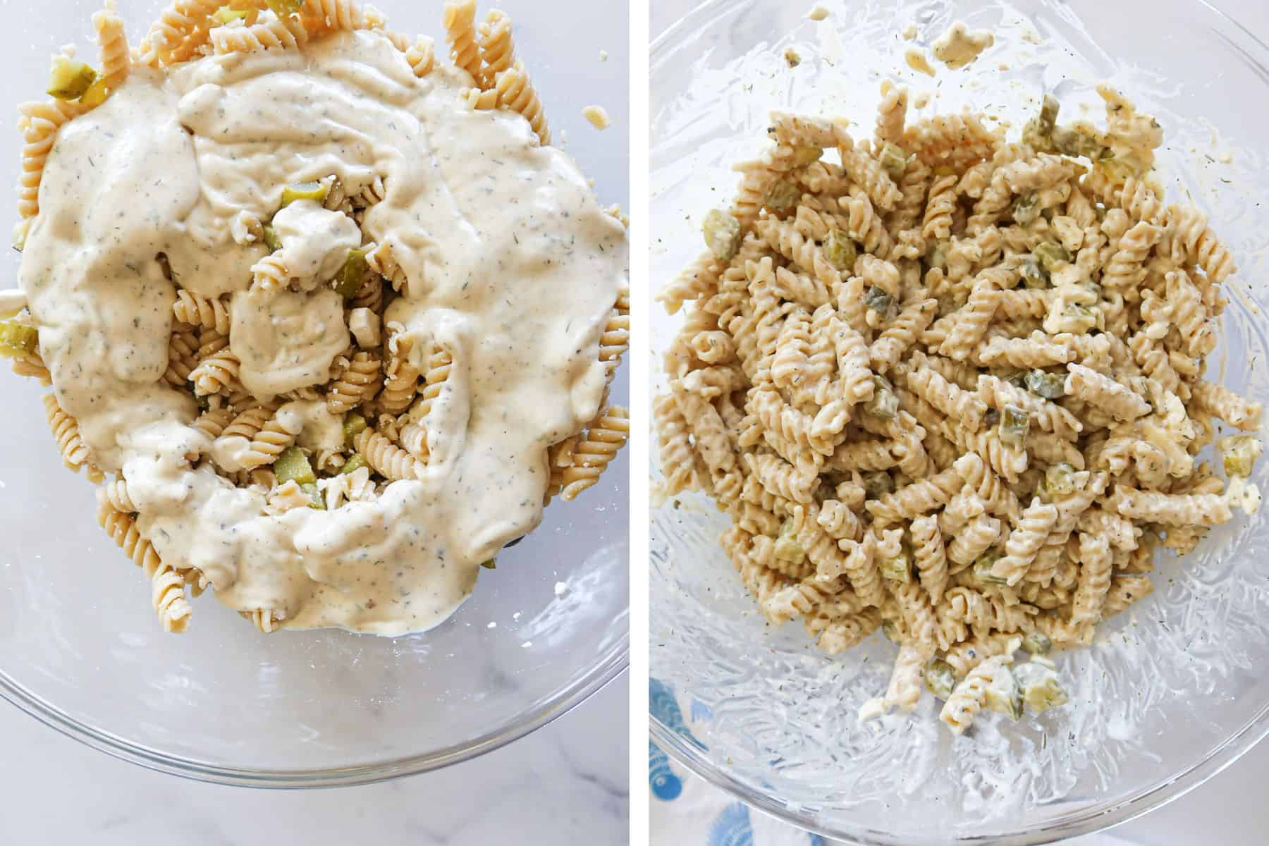 Mixing dressing into pasta salad.