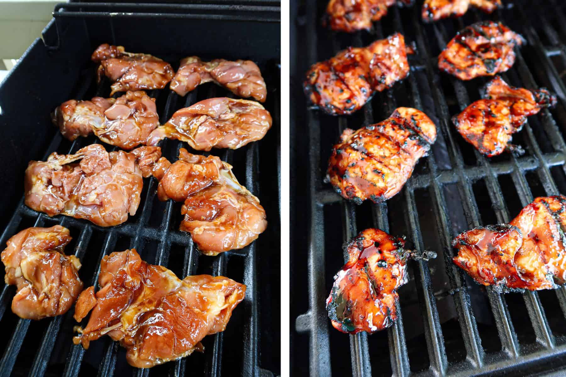 Cooking chicken thighs on the grill.