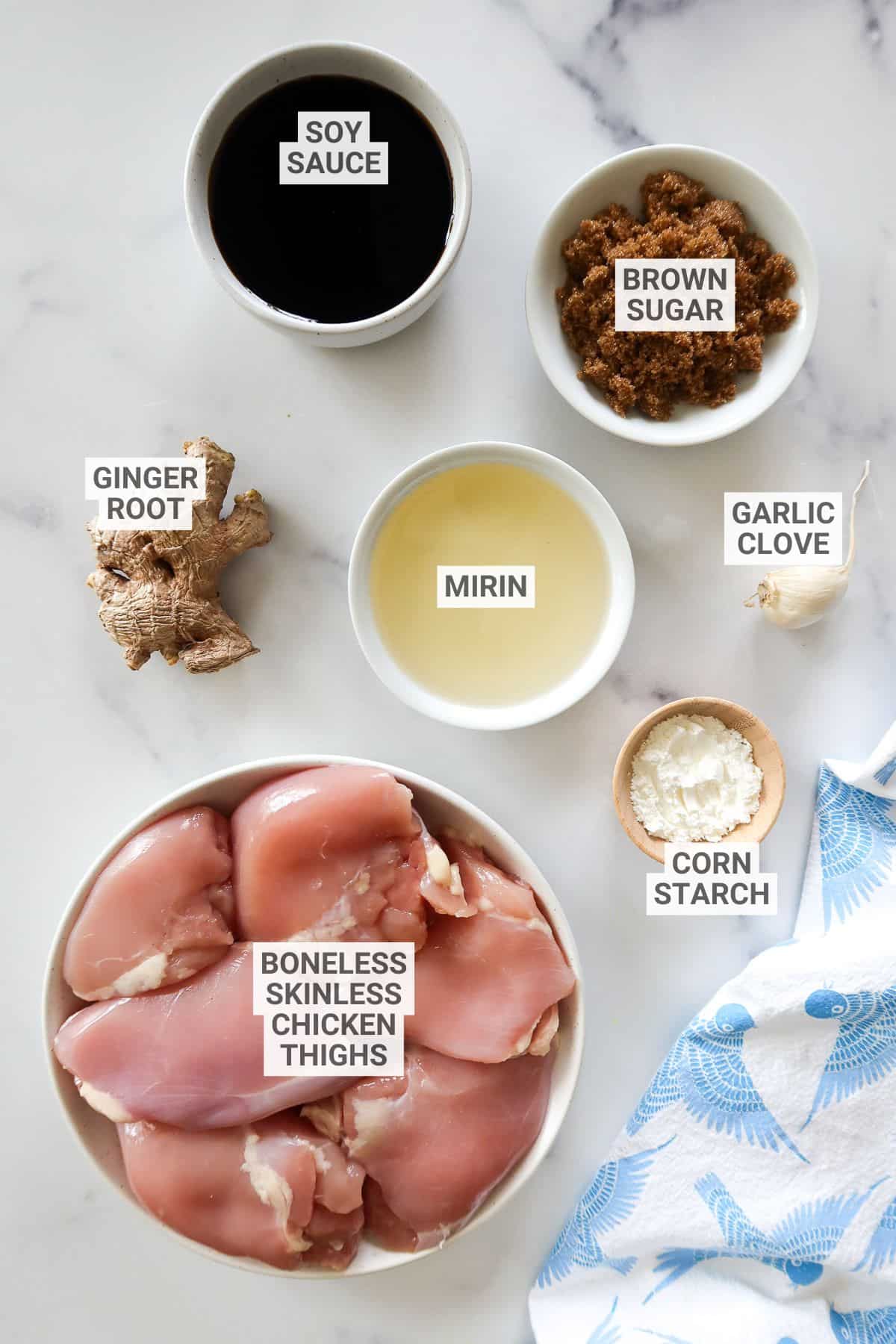 Ingredients for teriyaki chicken thighs with text overlay labels.
