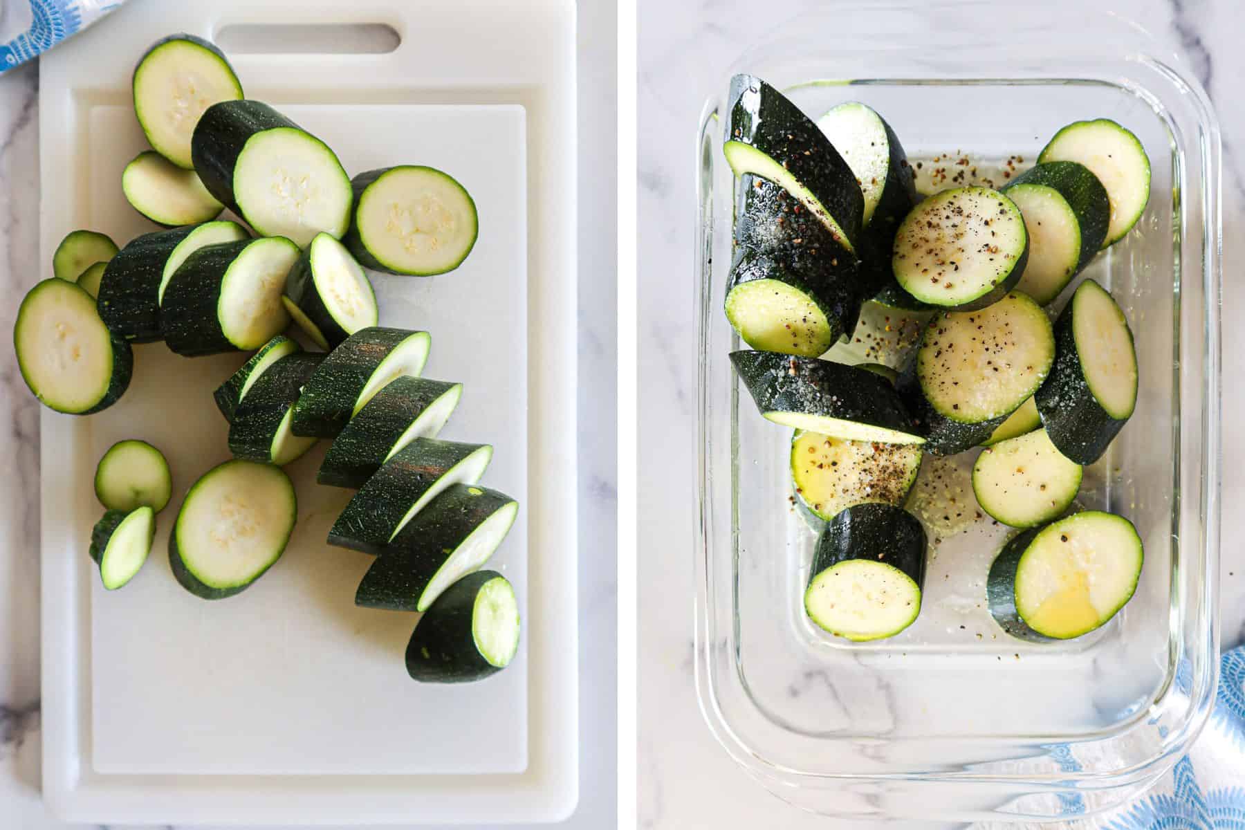 Left: Zucchini cut into large, thick ovals. Right: Seasoning zucchini.