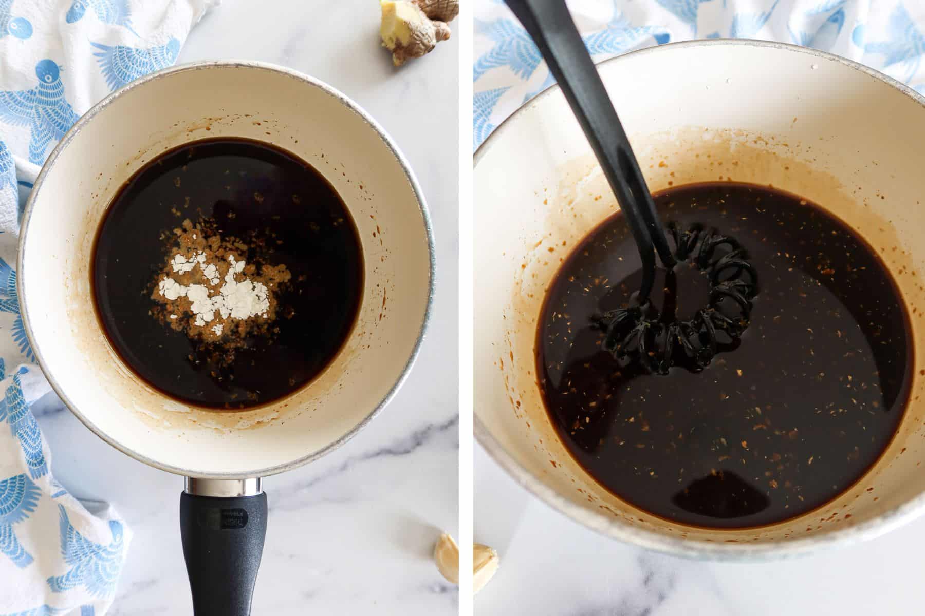 Left: Teriyaki sauce ingredients added to saucepan. Right: Teriyaki ingredients whisked together.