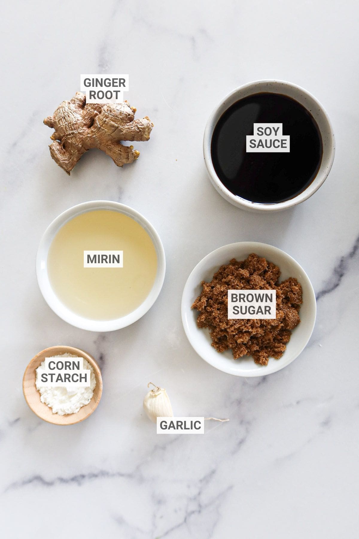 Teriyaki sauce ingredients on a white countertop with text overlay labels.